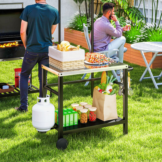 Outsunny Outdoor Grill Cart with Stainless Steel Top Two Shelf Portable BBQ Trolley with Hooks Wheels Charcoal Grey