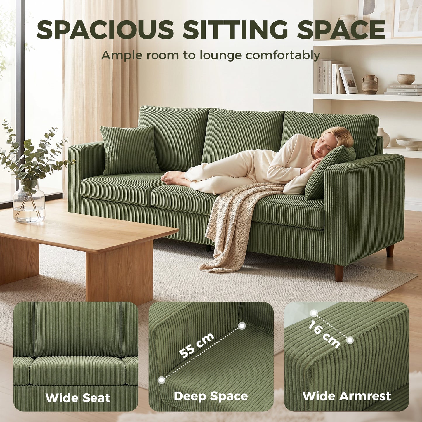 HOMCOM 3 Seater Sofa With Wide Seat Corduroy Fabric Couch Deep Seat Spring Cushion Green
