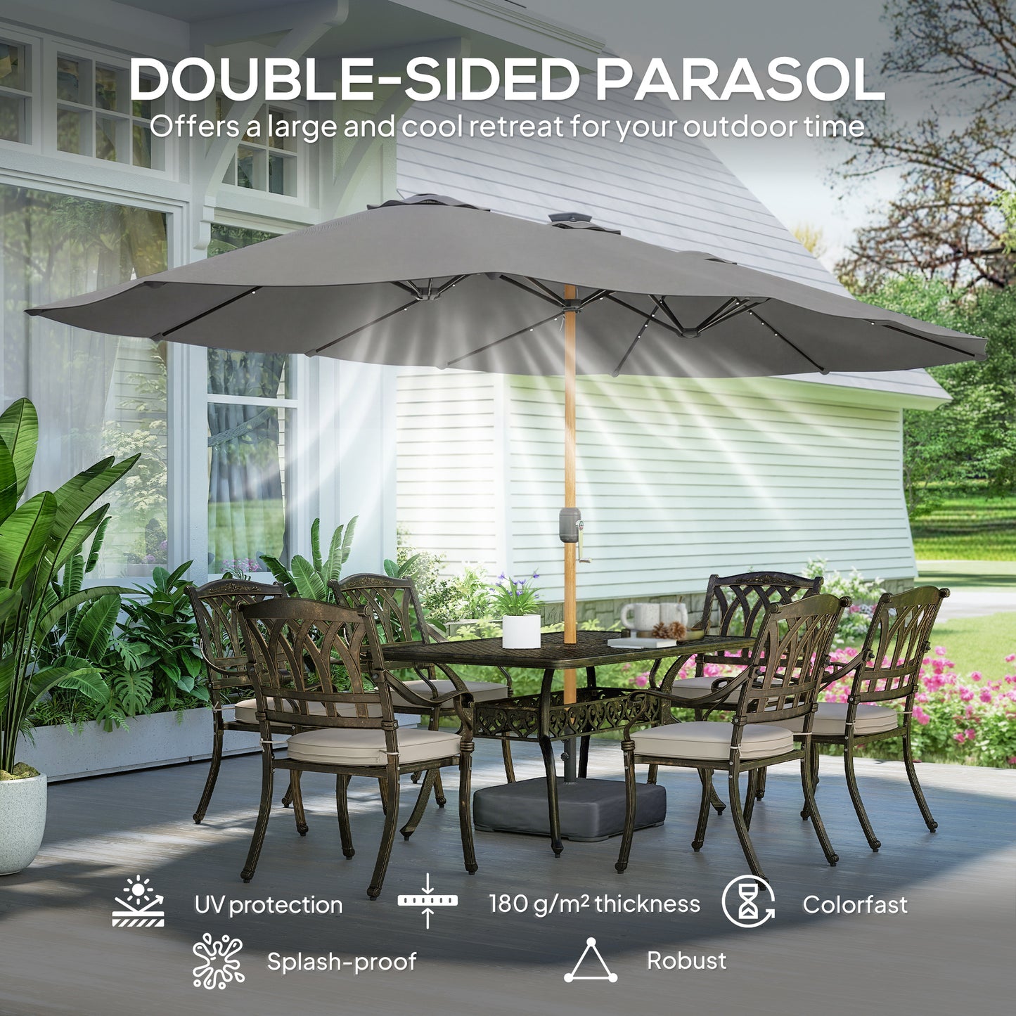 Outsunny Double Sided Garden Parasol With Base Included 48 Solar LED Lights Patio Umbrella Crank Handle 4.6m Light Grey