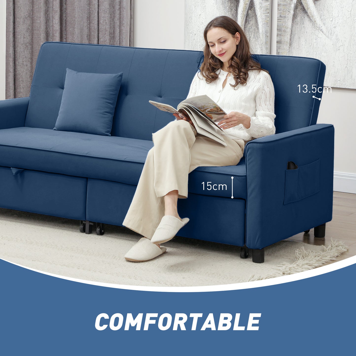 HOMCOM Velvet Feel Three Seater Sofa Bed With Click Clack Mechanism On Wheels In Blue
