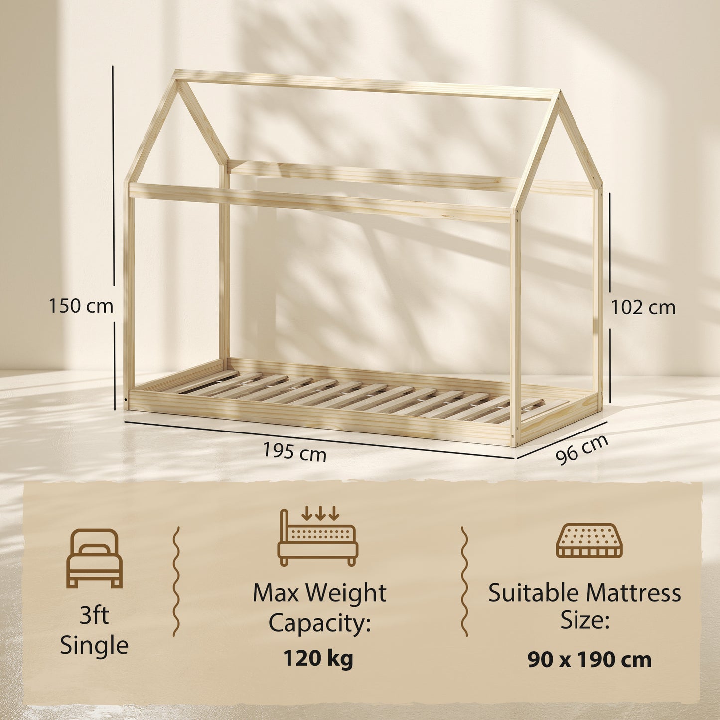 HOMCOM Single Bed Frame House Shaped Scandinavian Wooden Bed Frame for 90W x 190Dcm Mattress Pine Wood Natural Finish