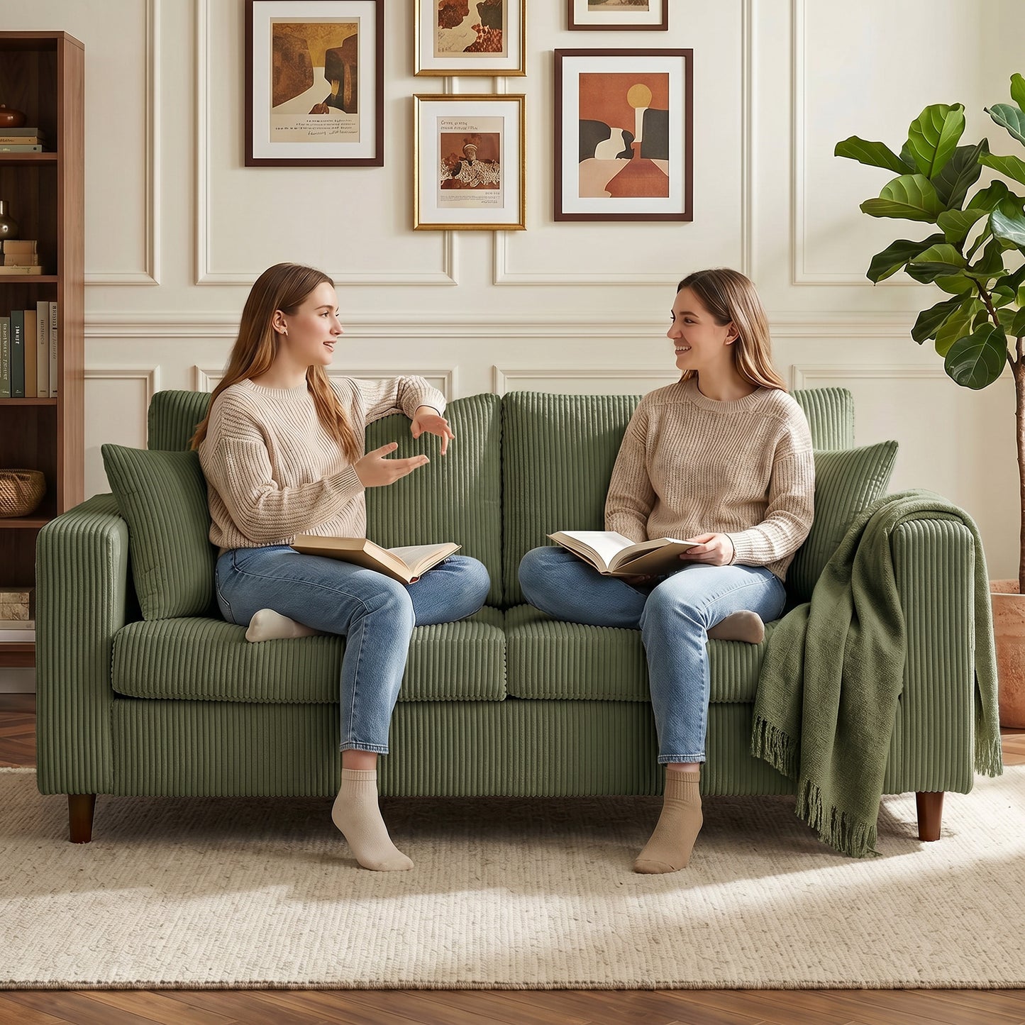 HOMCOM Corduroy Loveseat Sofa With Wide Seat 2 Seater Couch Deep Seat Spring Cushion Green