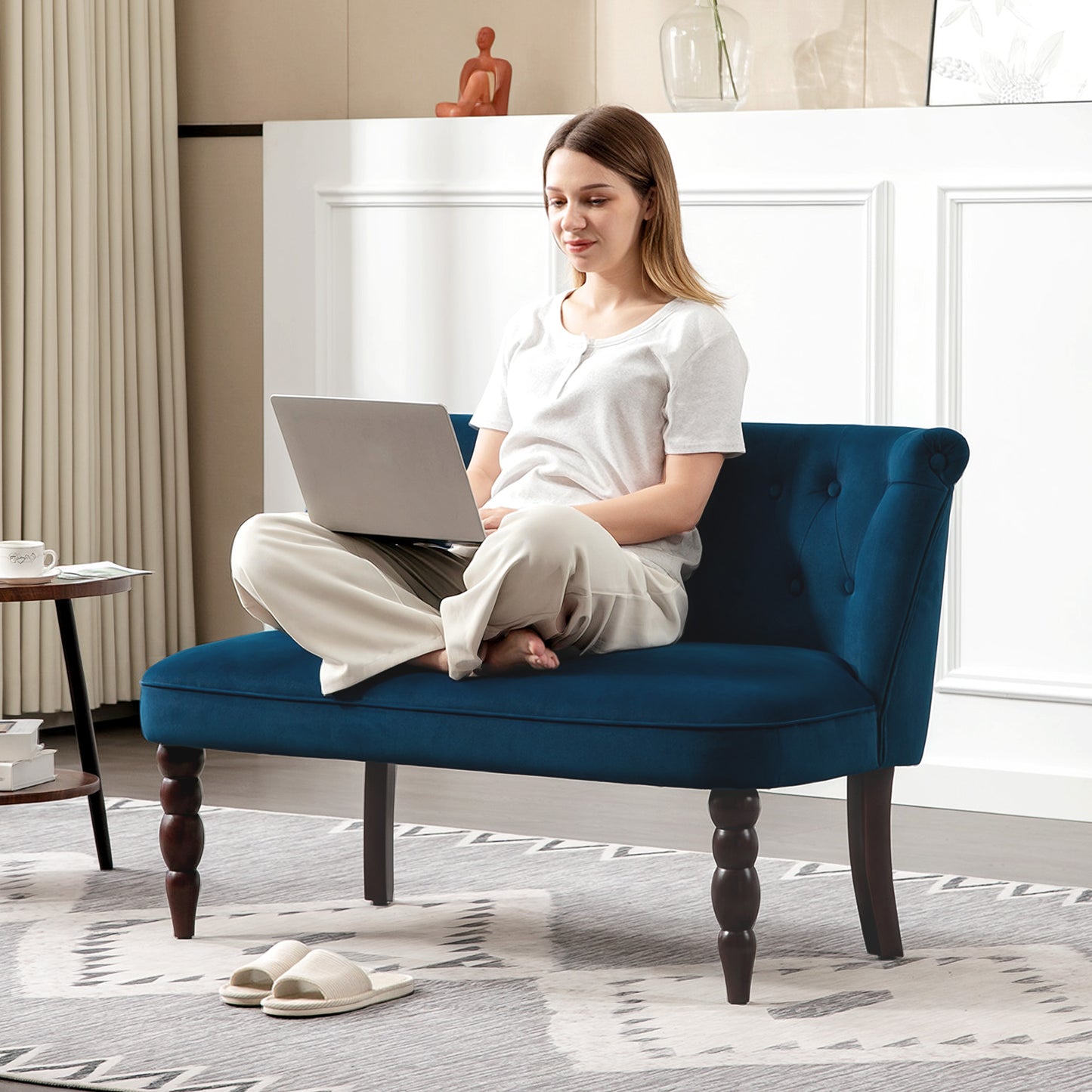 HOMCOM Velvet 2 Seater Sofa Button Tufted Wingback Loveseat Rubber Wood Legs Dark Blue for Living Room Bedroom