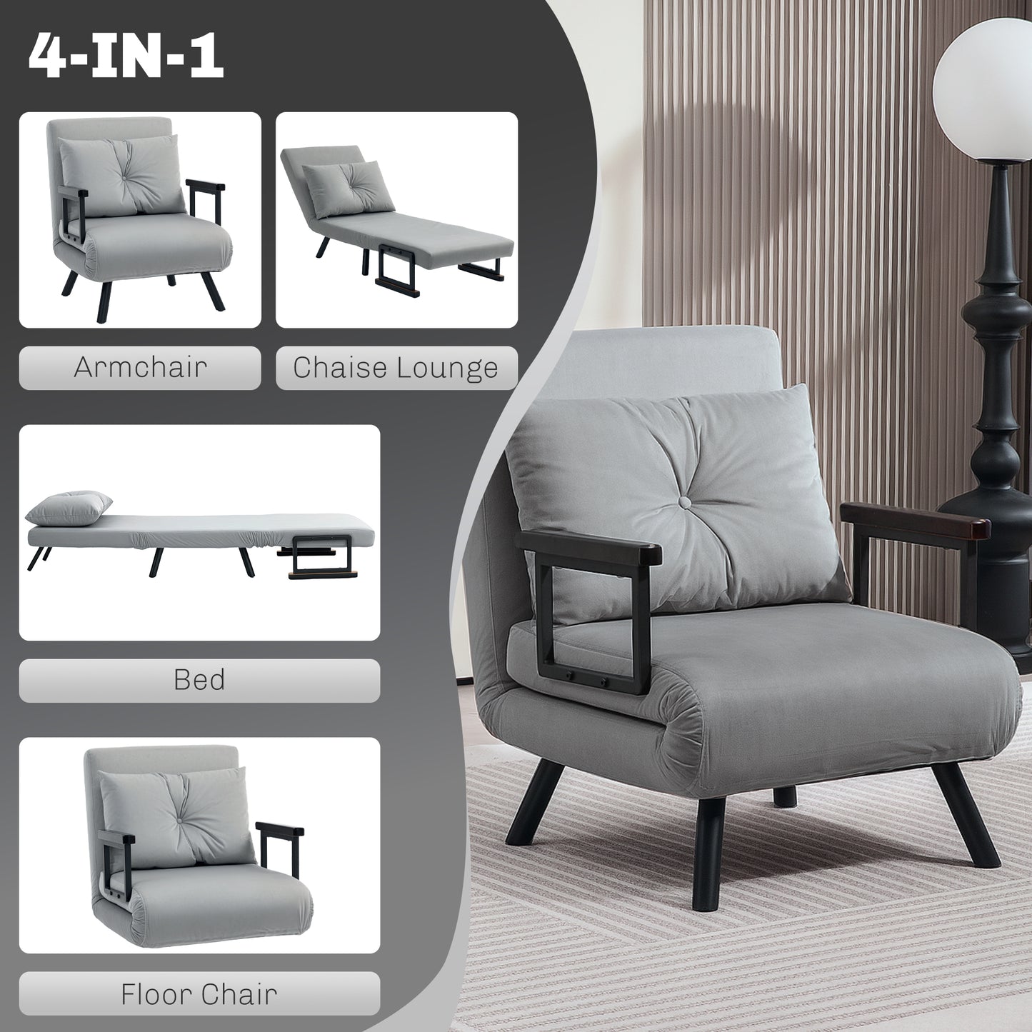 HOMCOM Four In One Velvet Feel Folding Chair Bed With Pillow Adjustable Backrest Steel Frame Light Grey