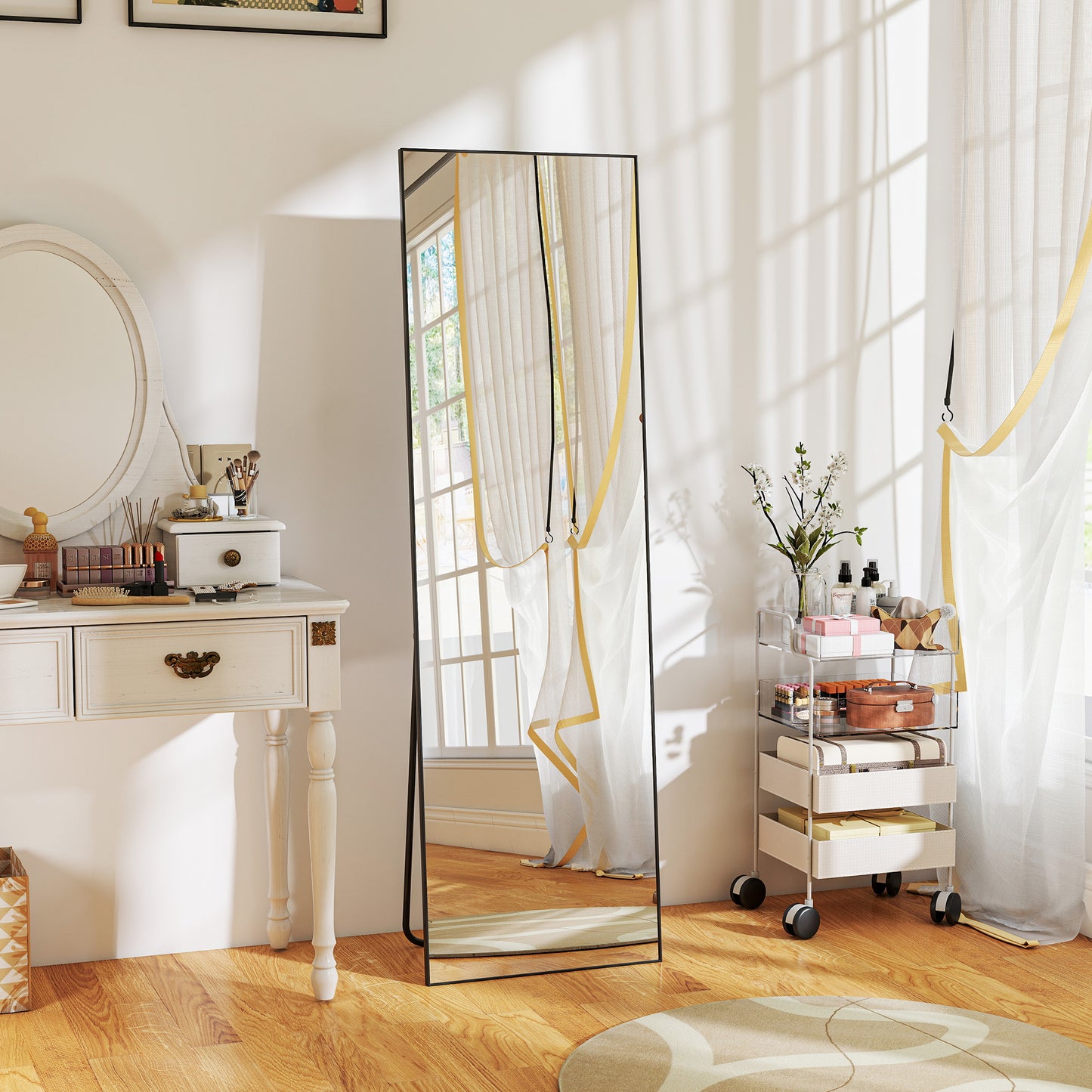HOMCOM Full Length Mirror With Aluminium Alloy Frame And Tempered Glass Standing Or Wall Hanging Black