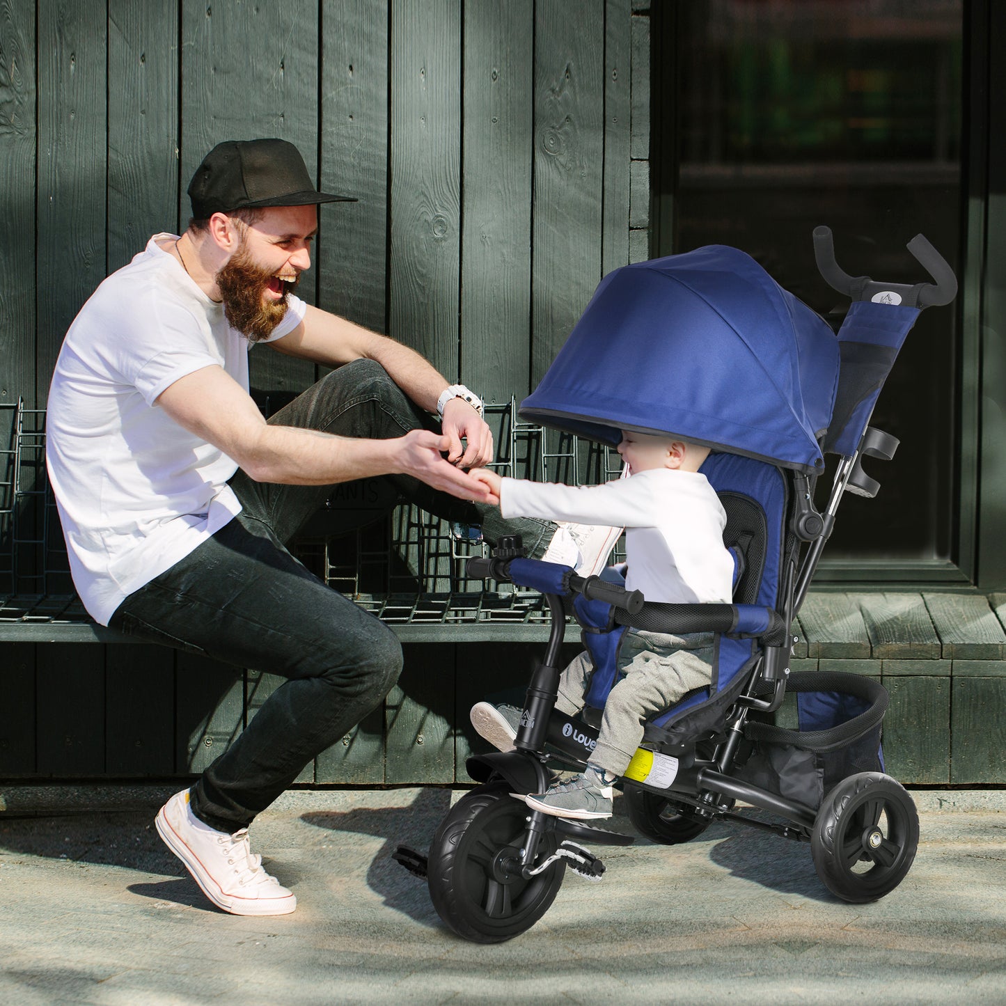 HOMCOM 4-in-1 Adjustable Toddler Tricycle with Canopy, Safety Belt, and Parent Handle for Ages 1-5 - Blue - ALL4U RETAILER LTD