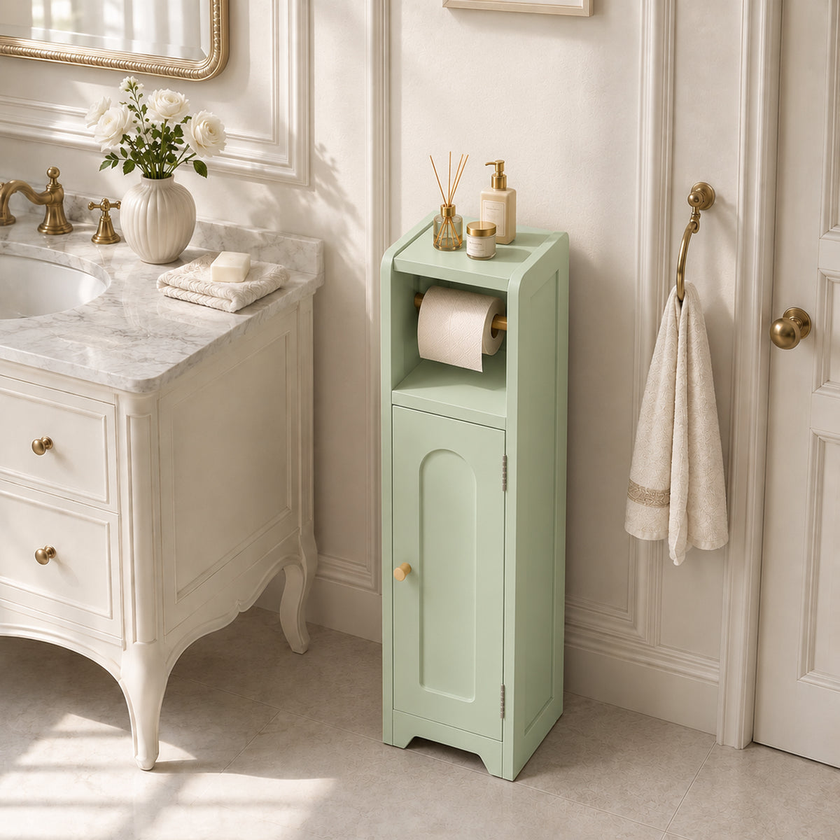 Light green bathroom storage cabinet with top toilet roll holder and lower cabinet door
