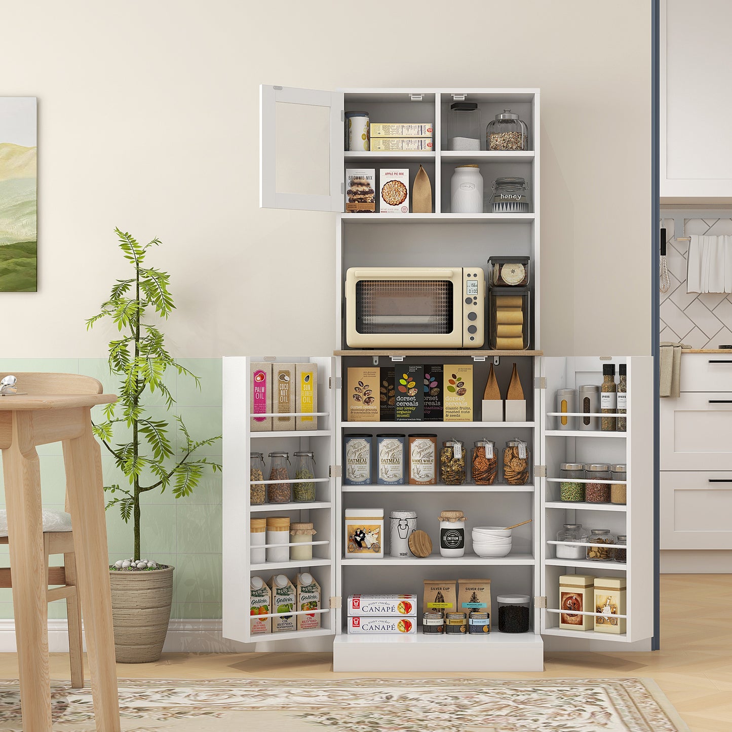 HOMCOM Two Part Kitchen Storage Cabinet White Pantry Cupboard With Microwave Compartment And Multiple Shelves
