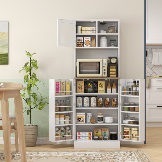 HOMCOM Two Part Kitchen Storage Cabinet White Pantry Cupboard With Microwave Compartment And Multiple Shelves