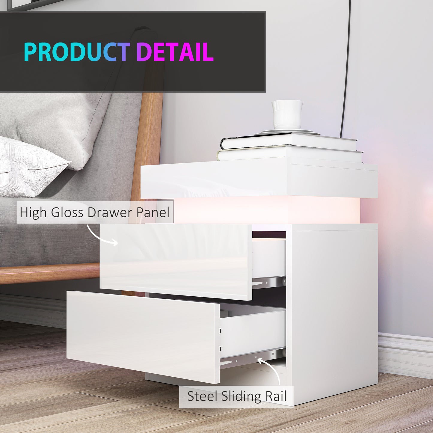 HOMCOM White Bedside Table With LED Light Set Of 2 Nightstand For Bedroom Living Room High Gloss Front And 2 Drawers
