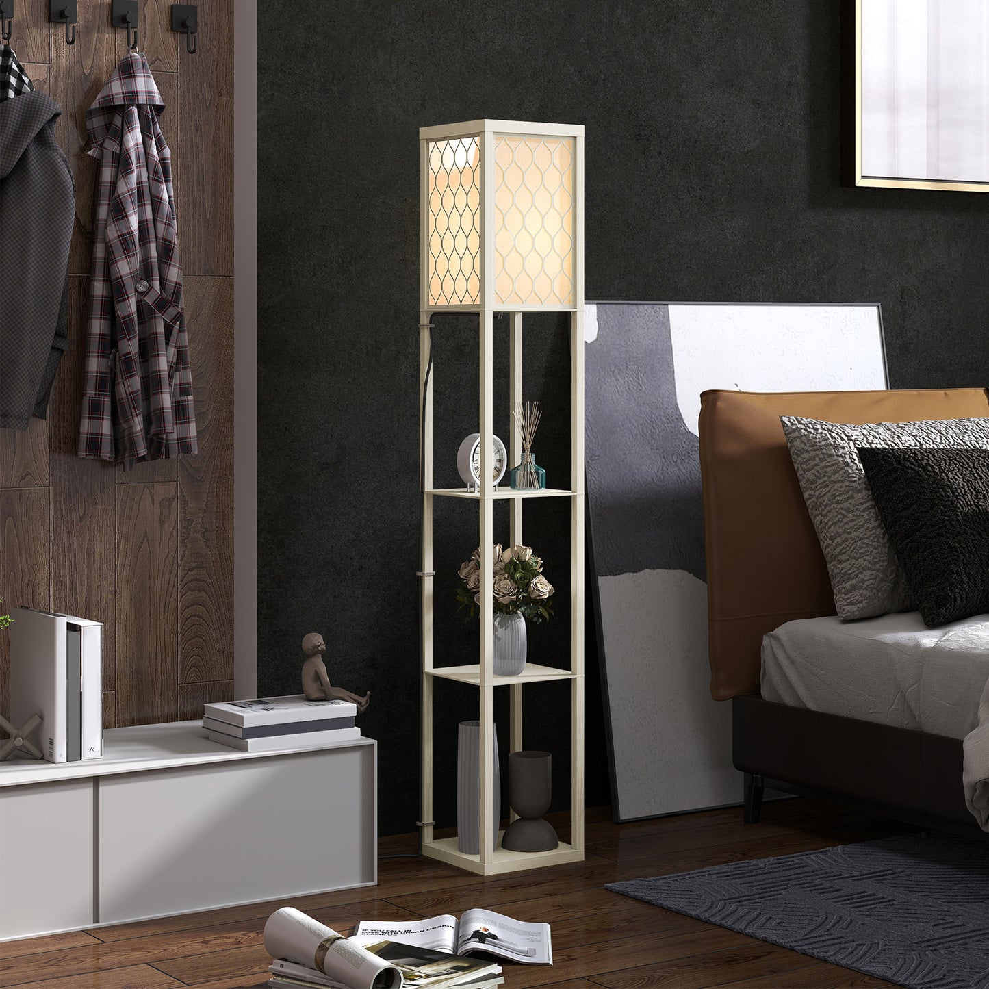 HOMCOM Three Shelf Standing Lamp Oak White With Storage Shelves And Reading Light For Living Room