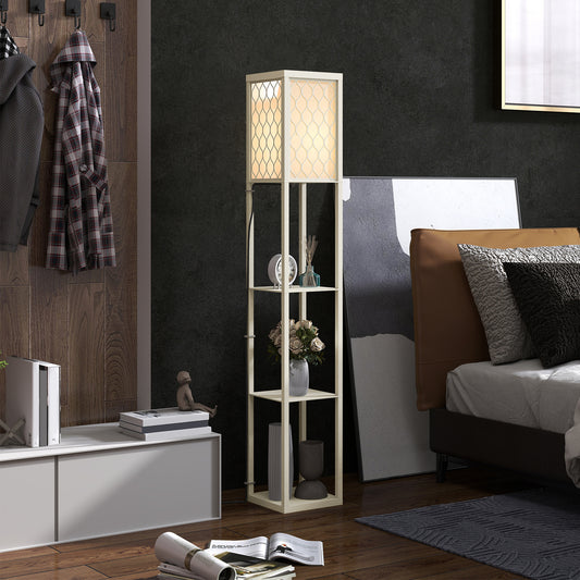 HOMCOM Three Shelf Standing Lamp Oak White With Storage Shelves And Reading Light For Living Room