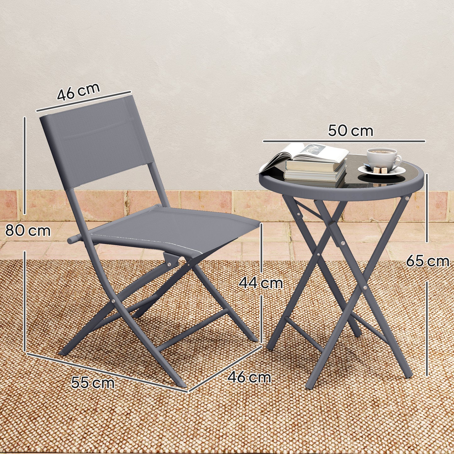 Outsunny 3 Piece Outdoor Bistro Set Glass Top Table and Two Folding Chairs with Protective Feet Grey