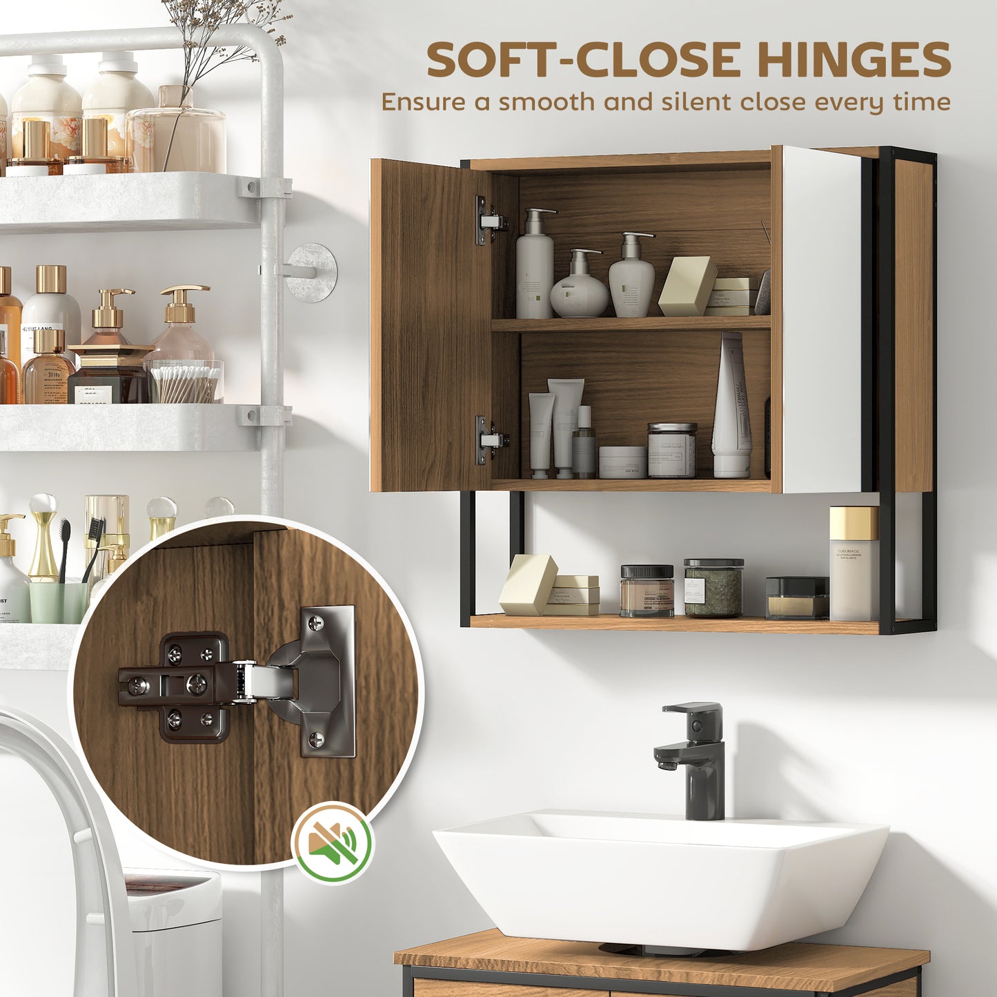 HOMCOM Bathroom Mirror Cabinet With Soft Close Doors And Adjustable Shelf In Natural Wood Finish For Modern Bathrooms