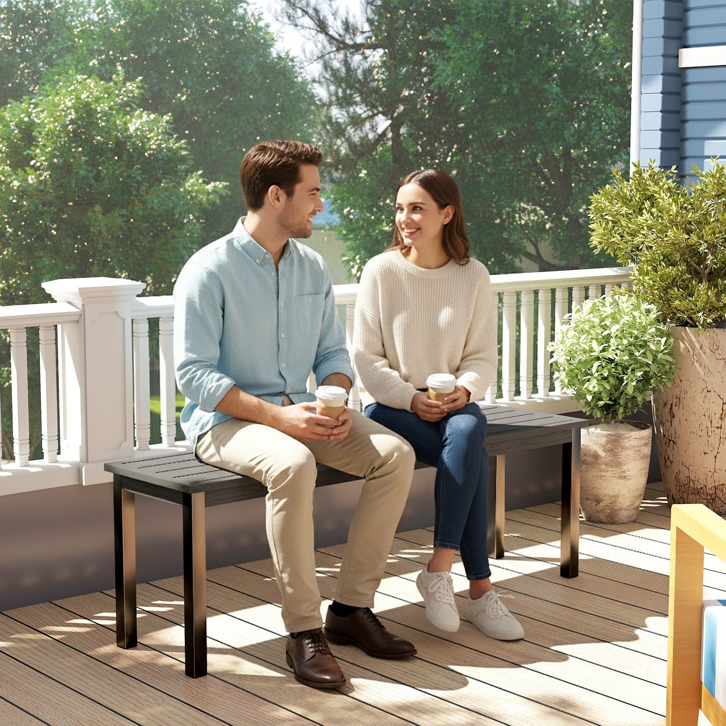 Outsunny 2 Seater Garden Bench Outdoor Loveseat Wood Effect Slatted Seat Steel Frame Grey Patio Park