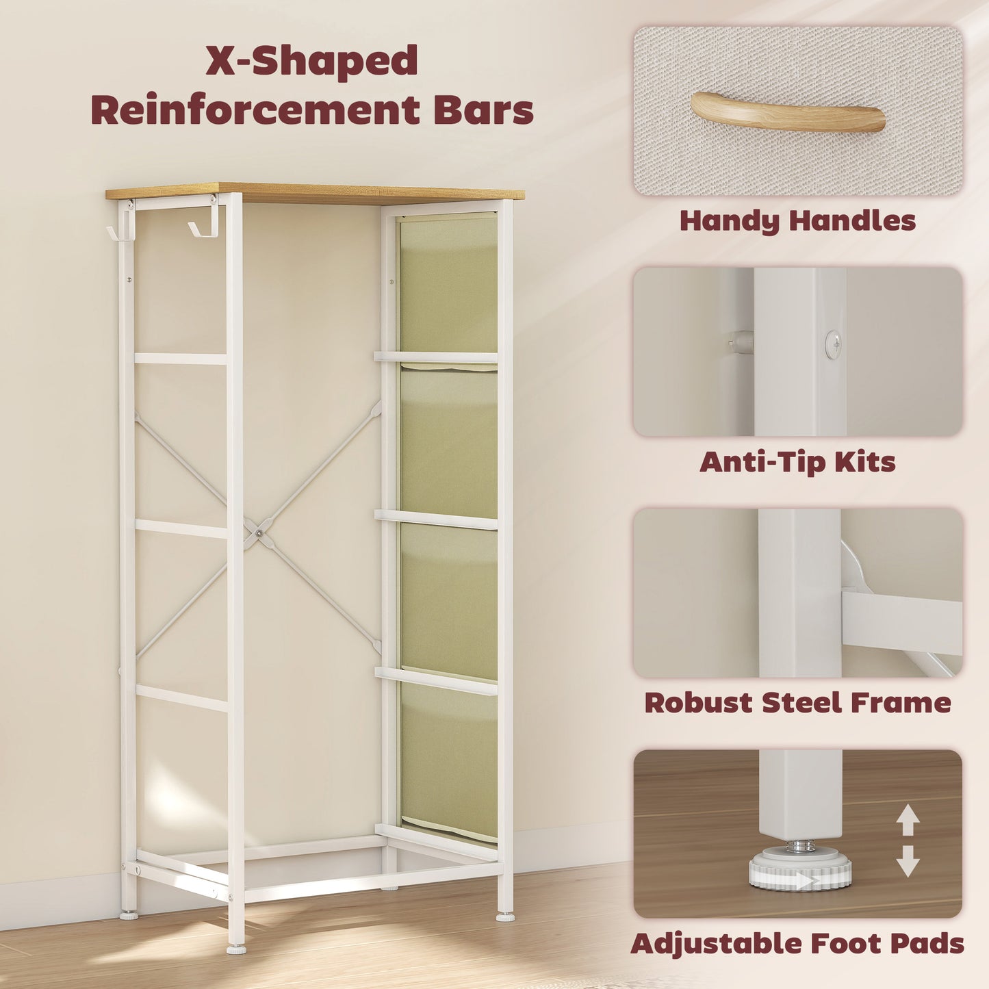 HOMCOM Chest Of Four Fabric Drawers Beige With Side Pockets And Hooks Steel Frame Storage Organizer