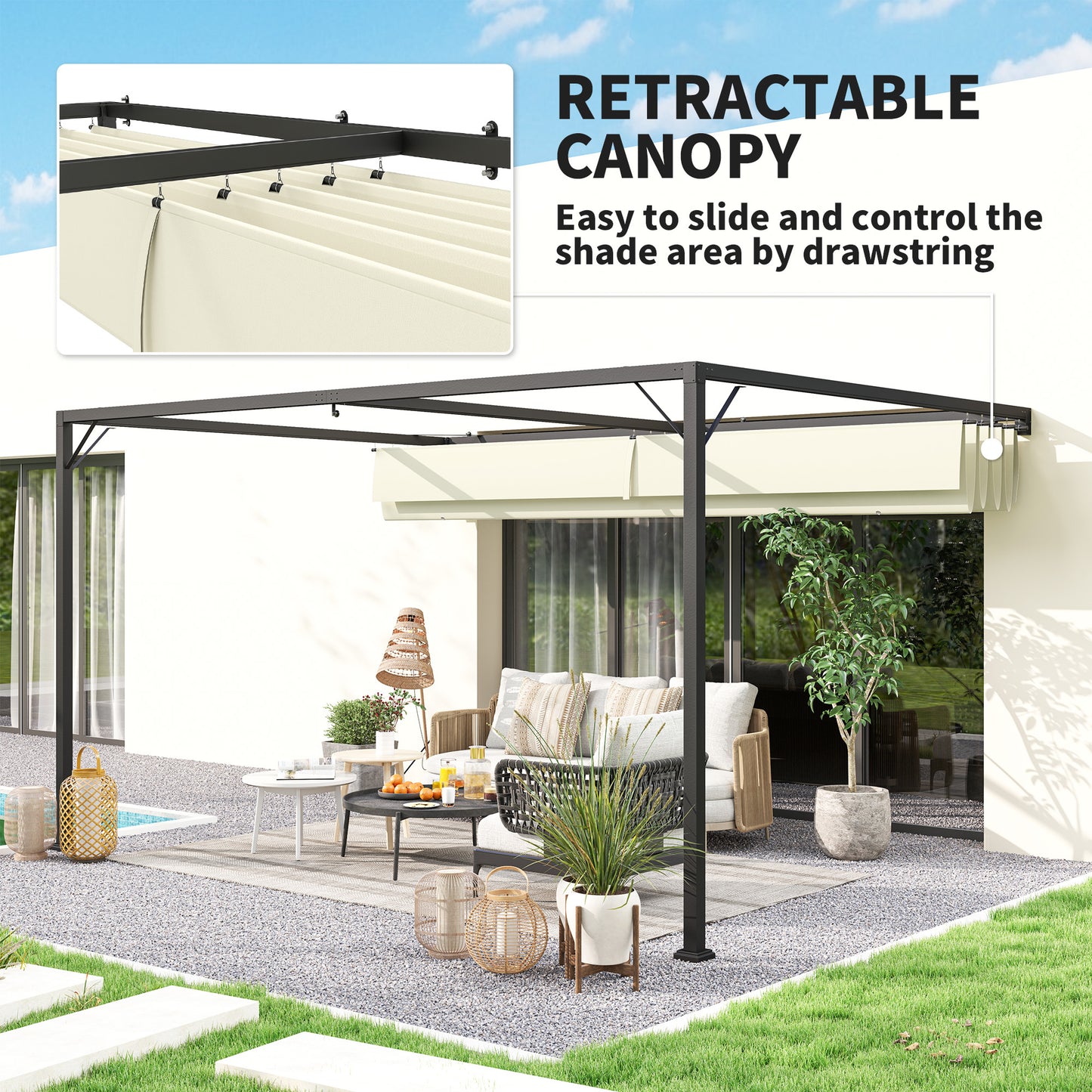Outsunny 4x3 M Pergola With Sliding Canopy Cream Outdoor Gazebo For Shade And Dining