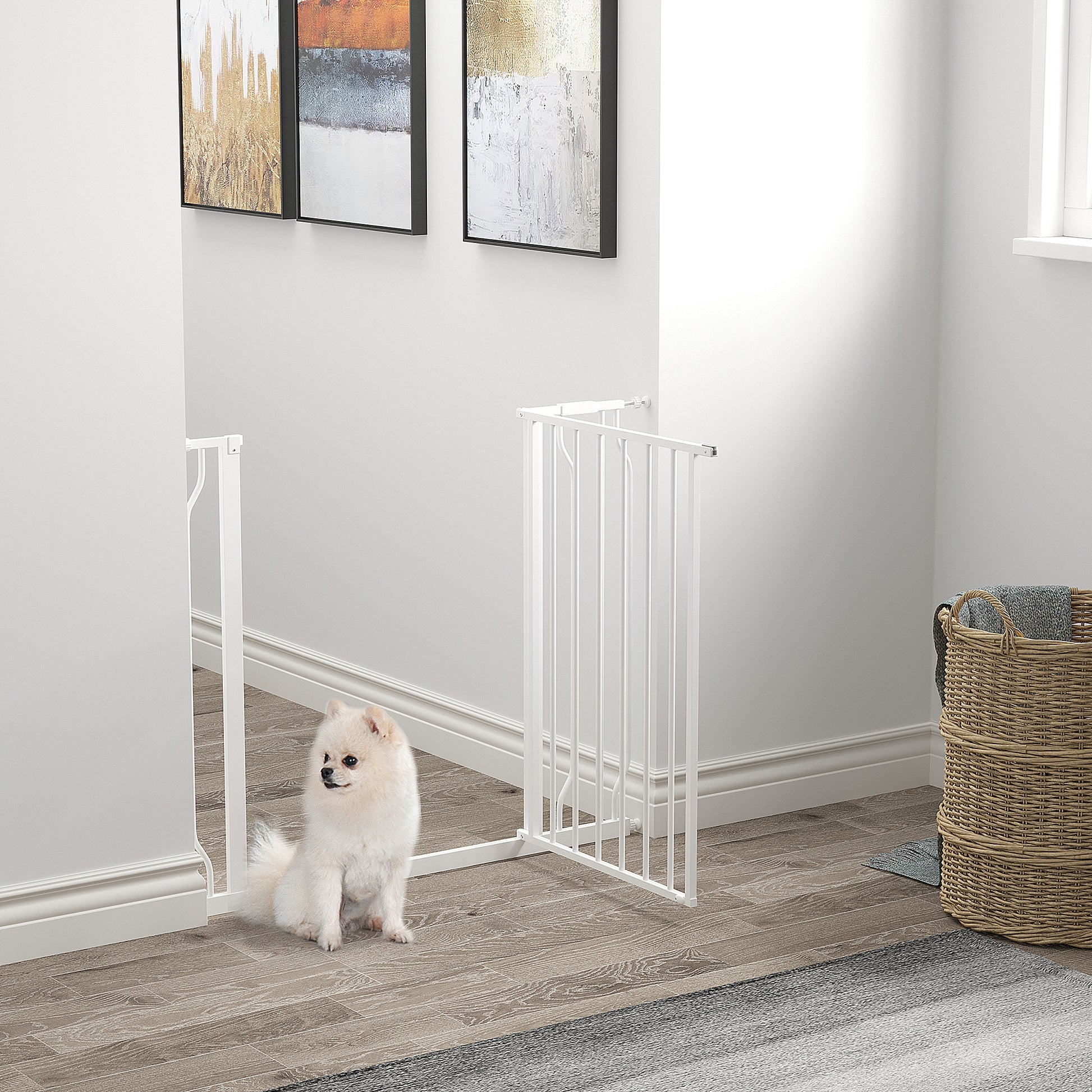 PawHut Adjustable Pressure-Mounted Dog Safety Gate with Dual Access Door - White - ALL4U RETAILER LTD