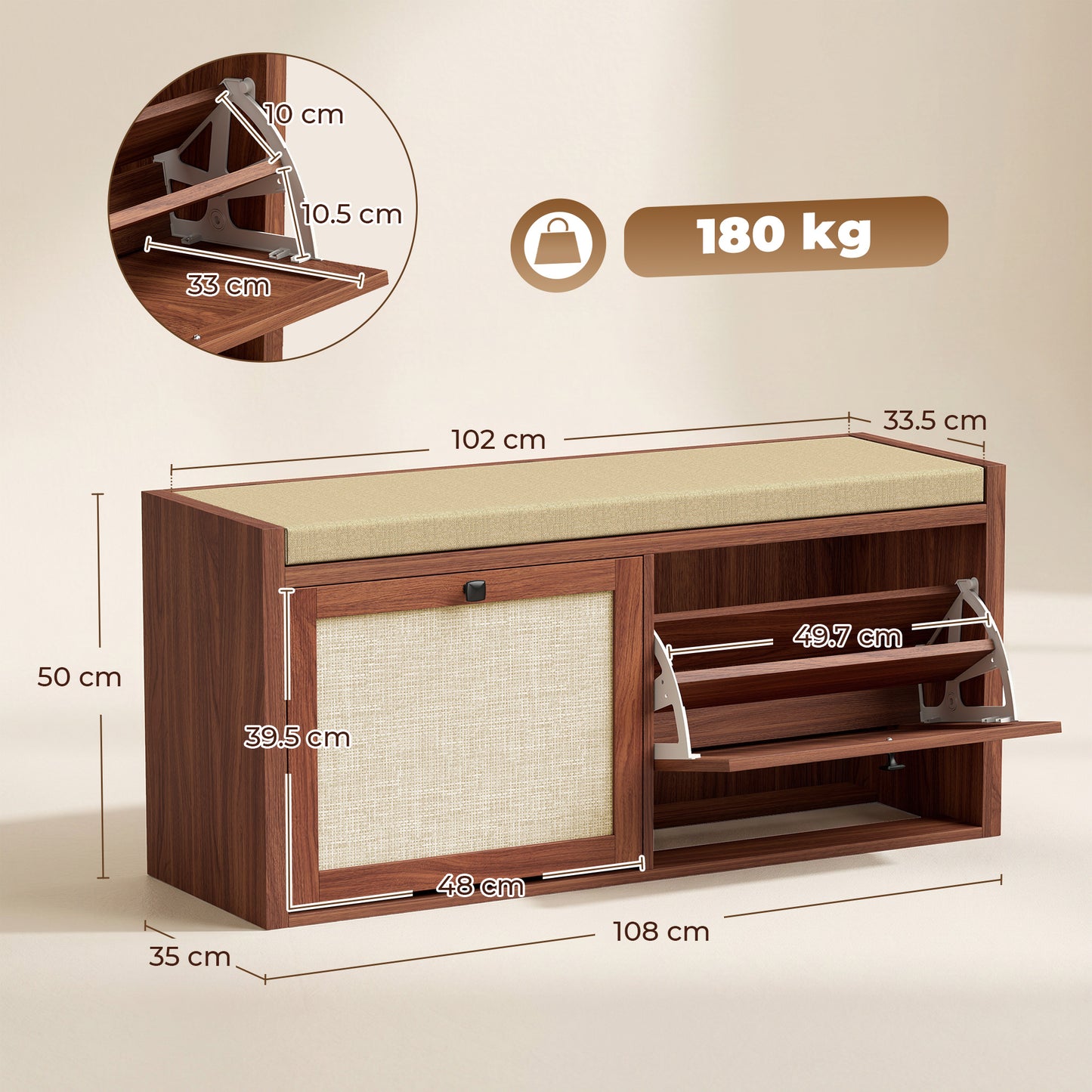 HOMCOM Rattan Shoe Bench With Padded Cushion And Hidden Storage Cabinets For Hallway Brown