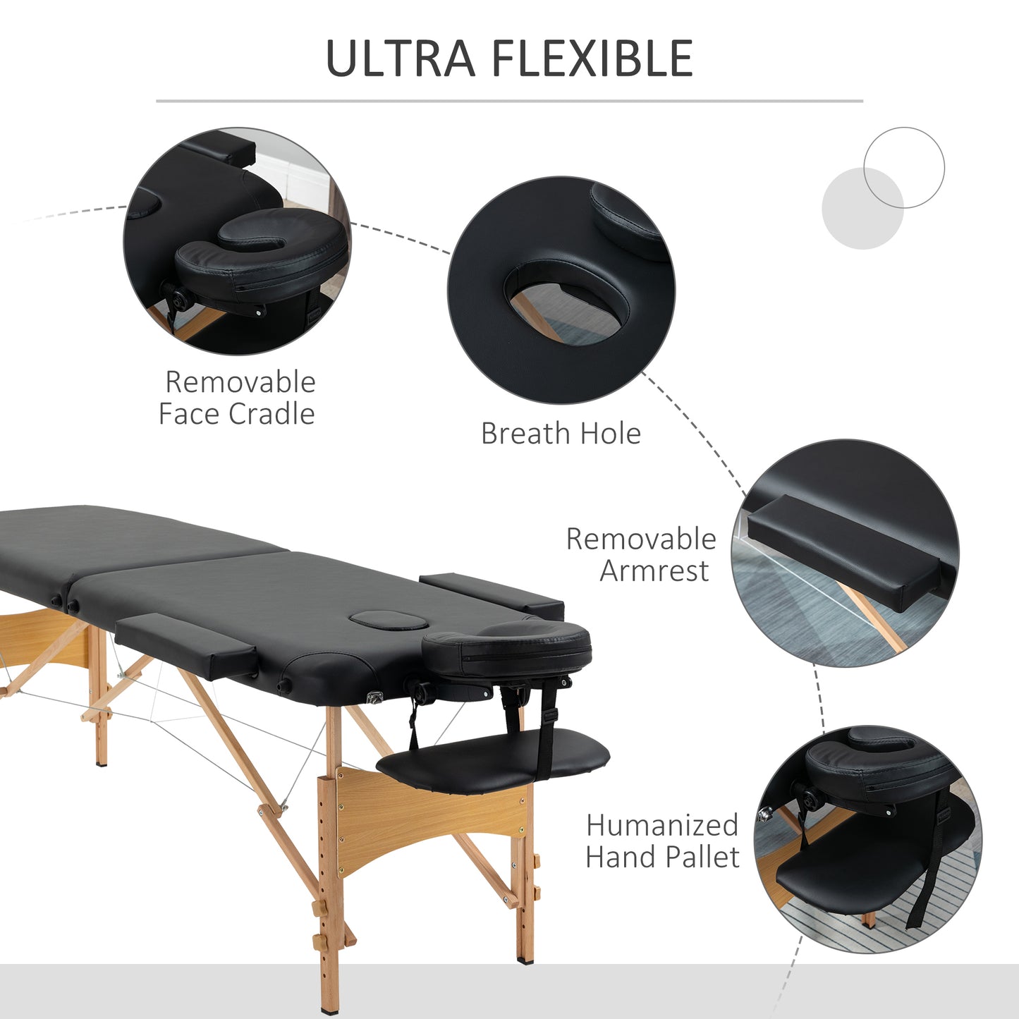 HOMCOM Folding Black Massage Table with Carry Bag and Wooden Frame for Home and Travel - ALL4U RETAILER LTD