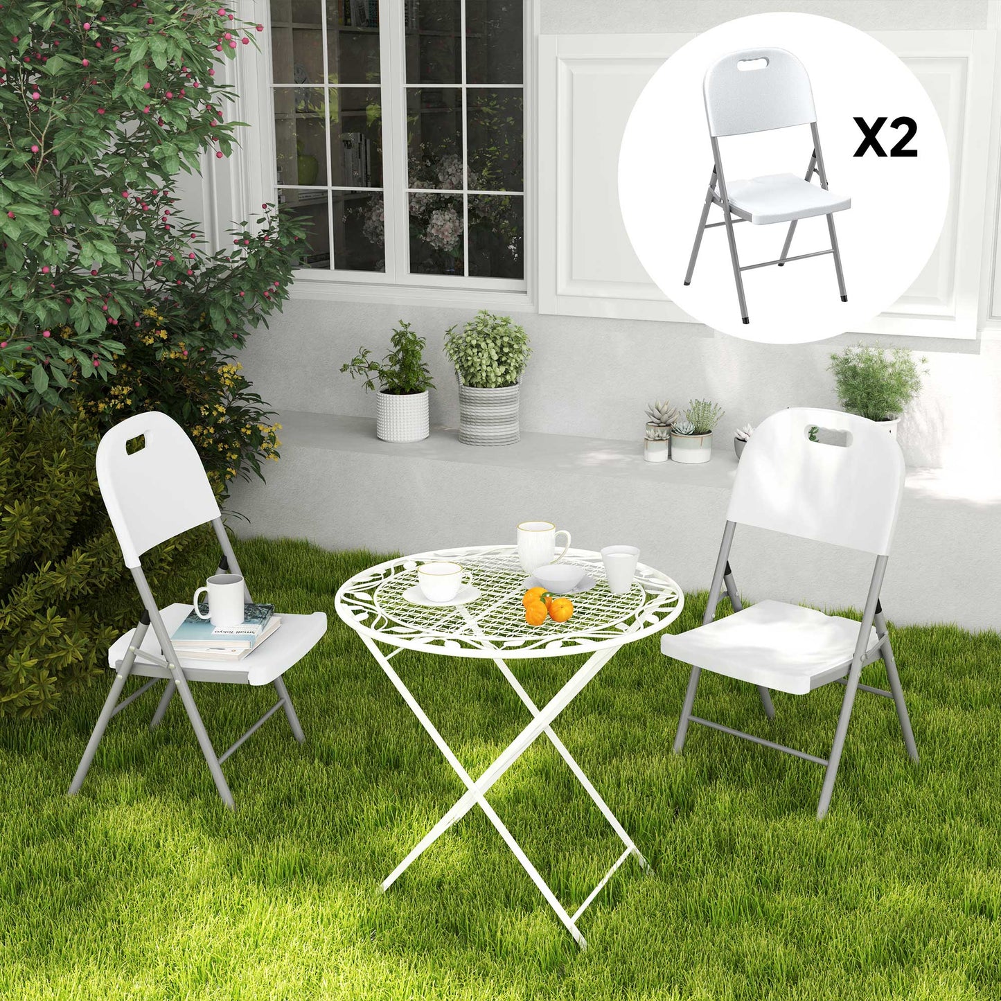 Outsunny Set Of Two Foldable Outdoor Chairs White Lightweight Powder Coated Steel Frame For Easy Carry And Storage