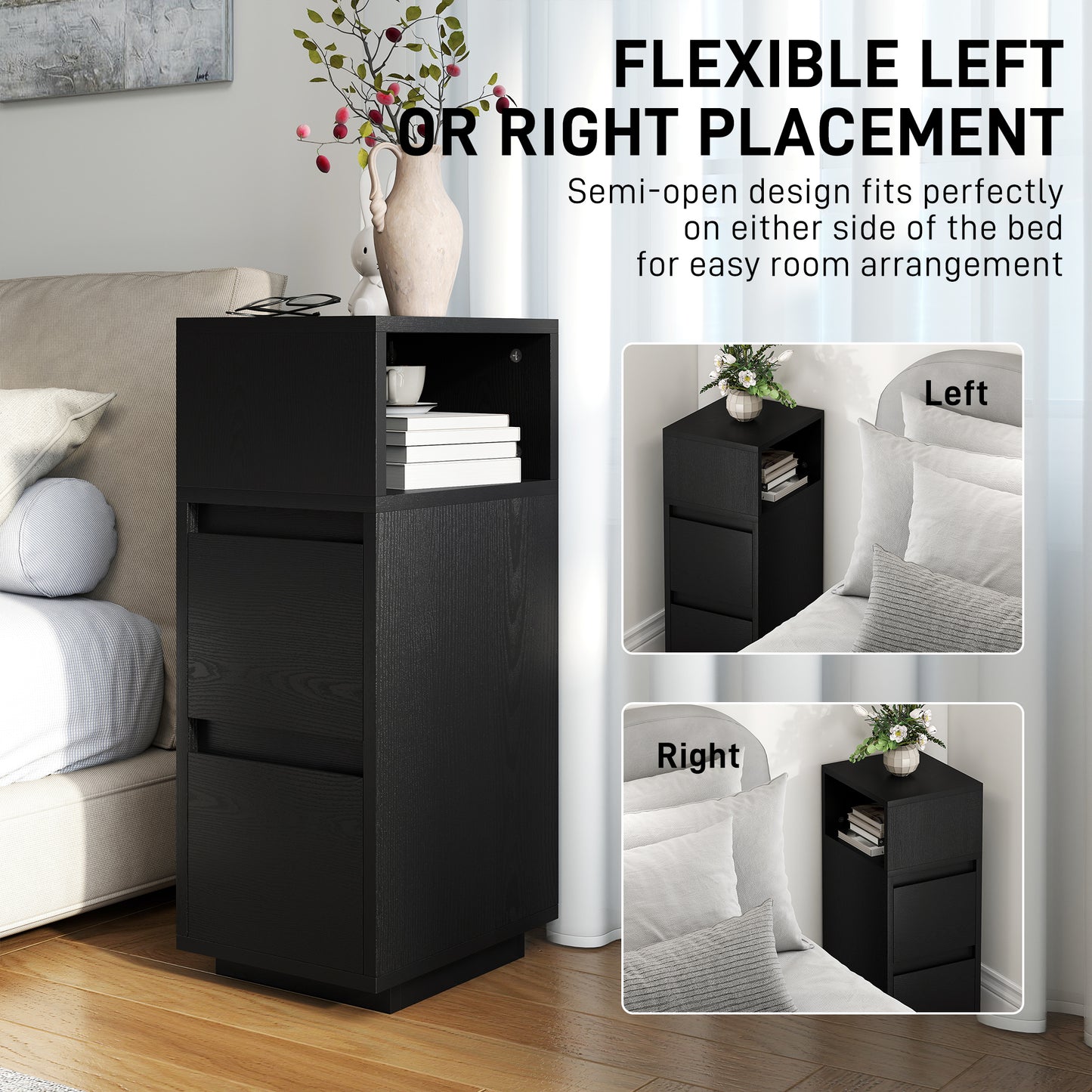 HOMCOM Slim Bedside Table Narrow Bedside Cabinet With Open Shelf And Two Drawers For Bedroom And Living Room Black