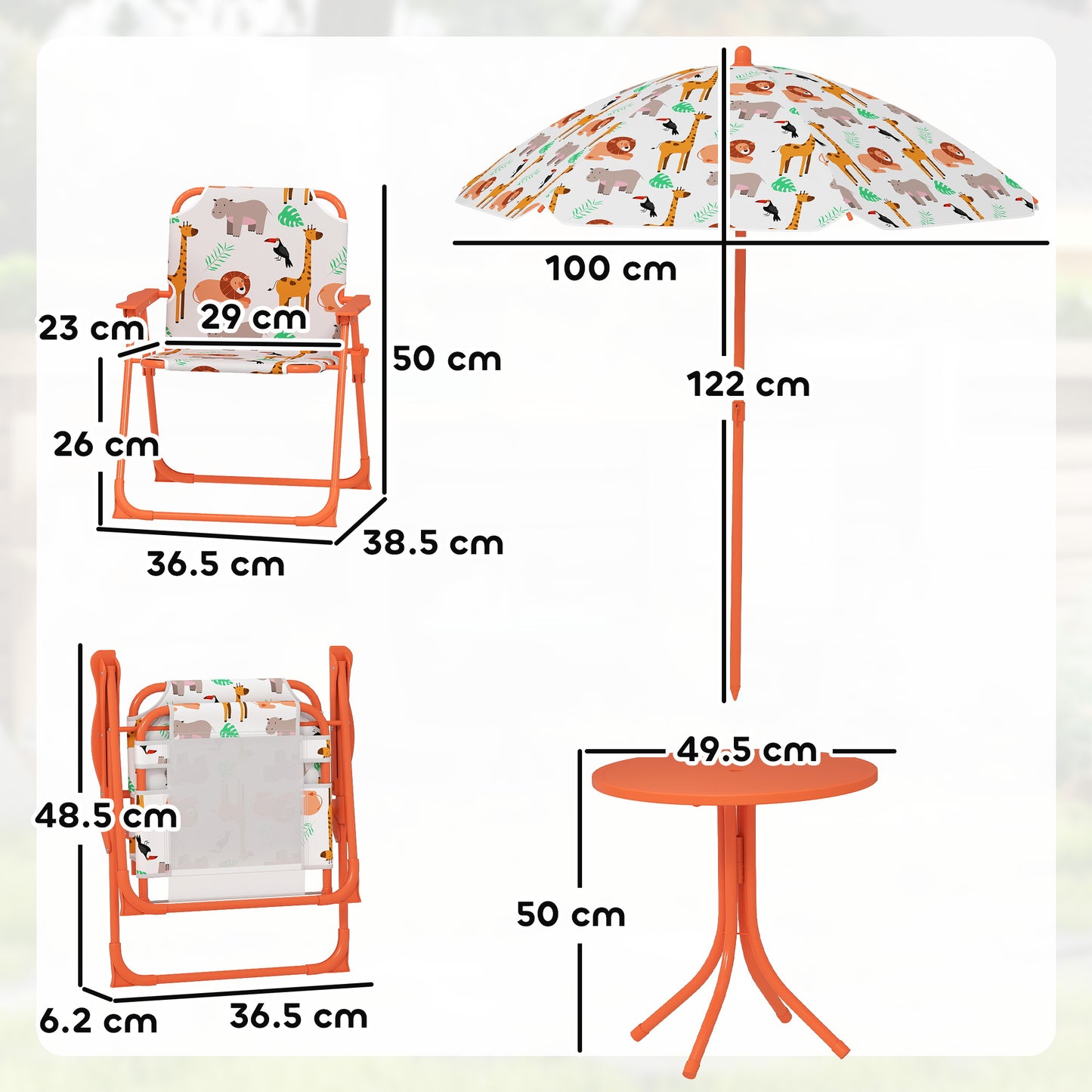 AIYAPLAY Kids Picnic Table Set With 2 Folding Chairs And Umbrella Orange Outdoor Table And Chair Set For Children