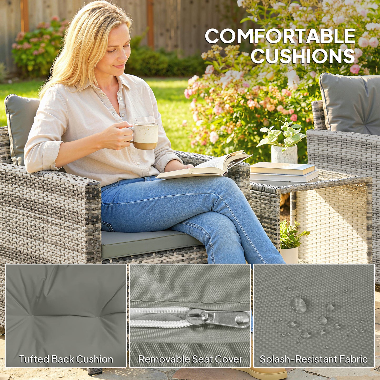Outsunny Rattan Bistro Set 3 Piece Garden Furniture With 2 Tier Glass Top Table And Cushions Mixed Grey