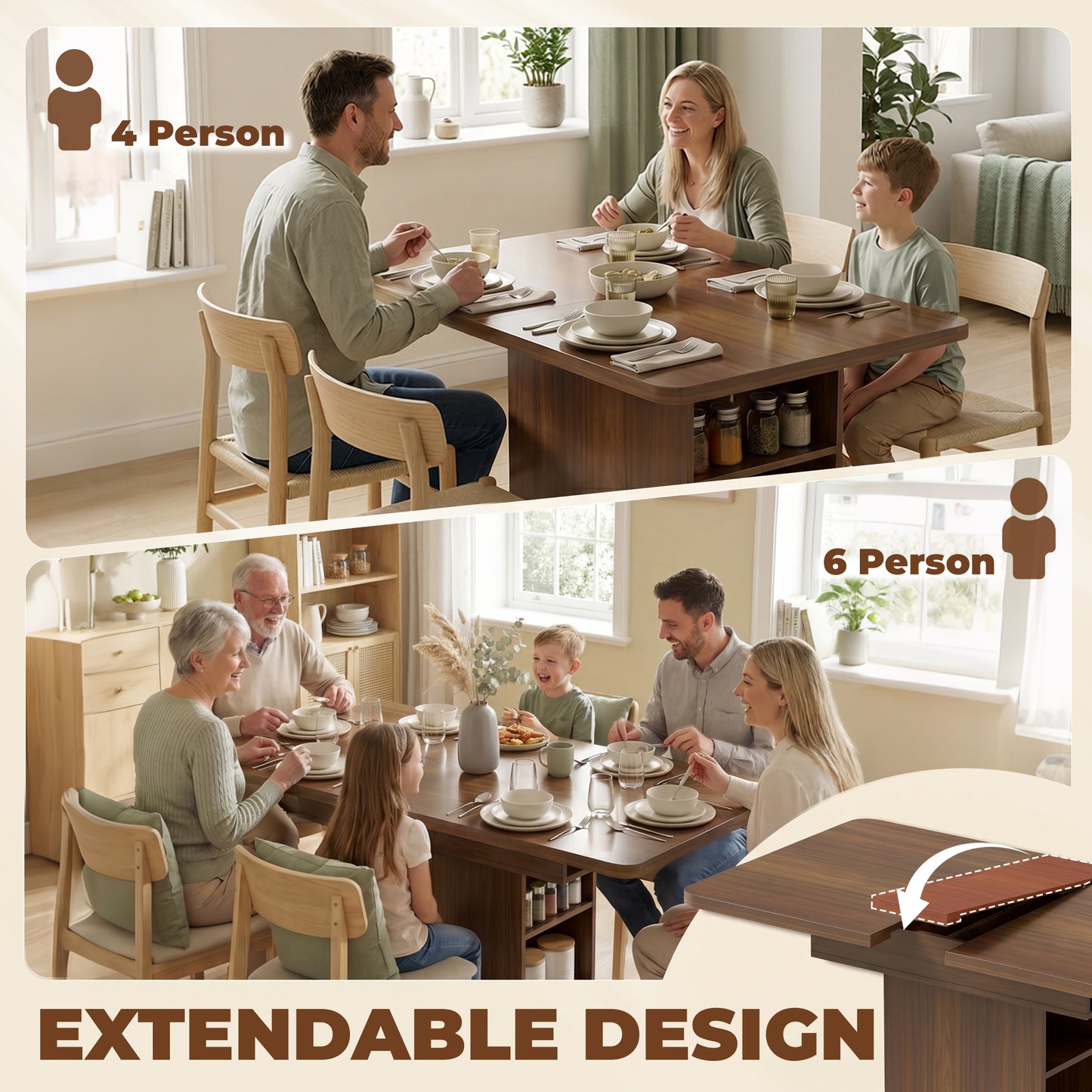 HOMCOM Extendable Dining Table 110 to 130 cm for 4 to 6 People with 6 Open Shelves Walnut Brown