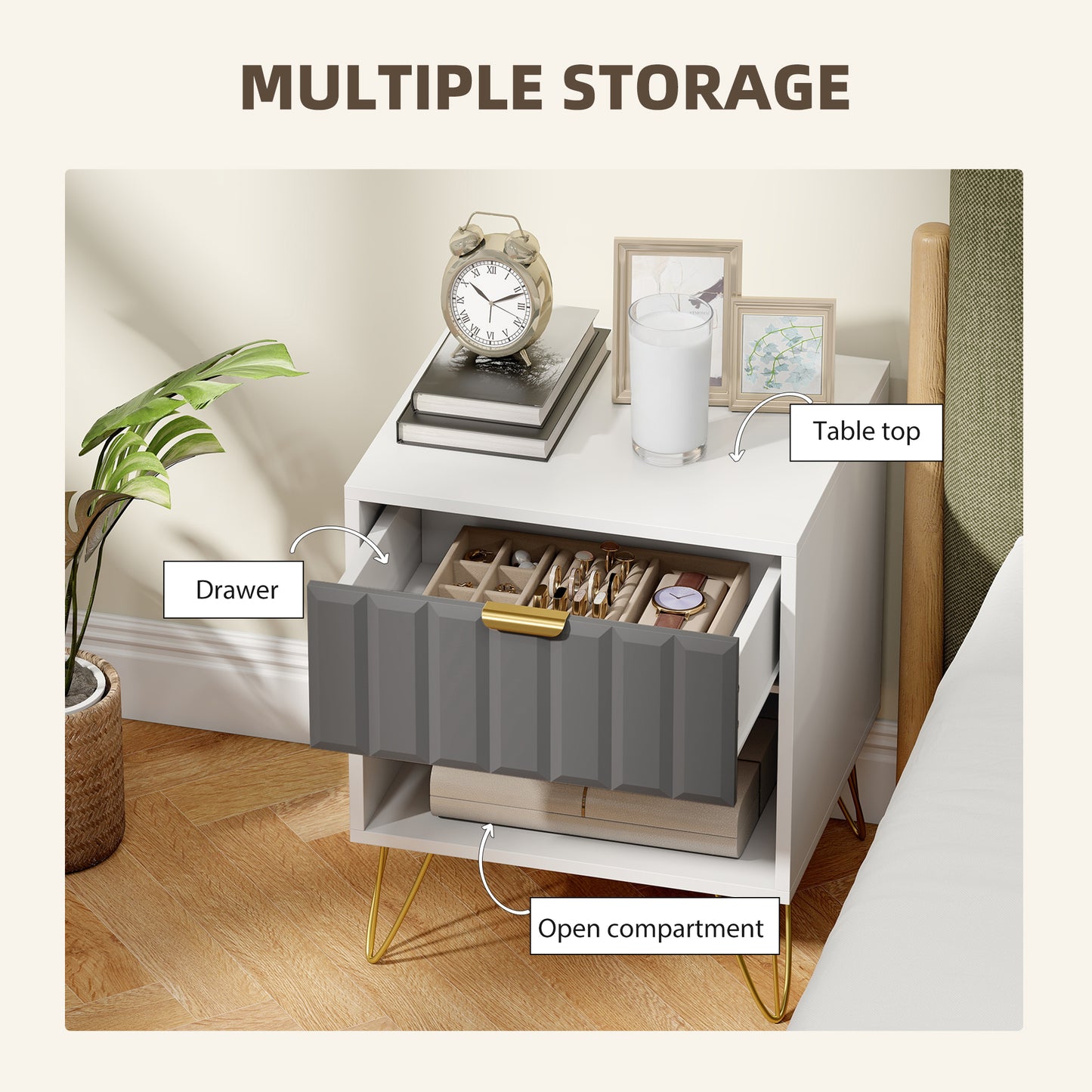 HOMCOM White Bedside Table With Drawer And Open Shelf Cabinet Modern Nightstand 45 x 40 x 55 cm