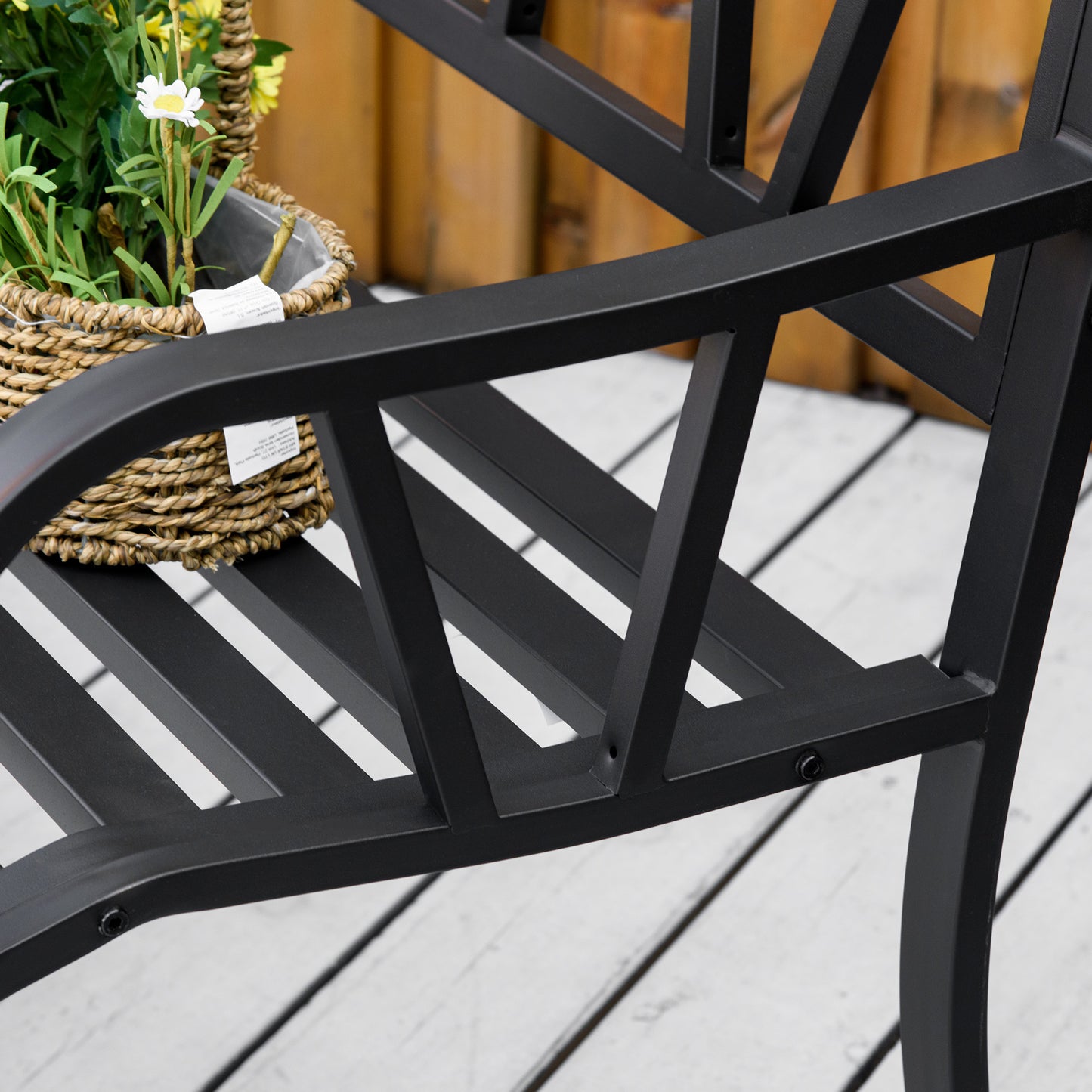 Outsunny 2 Seater Garden Bench With Cushion Black Metal Loveseat Slatted Outdoor Park Chair Backrest And Armrests