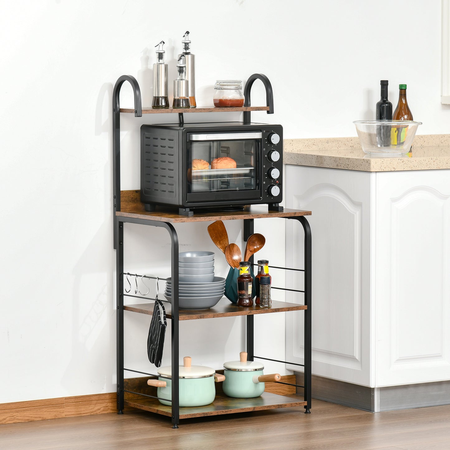 HOMCOM 4 Tier Baker Rack Microwave Stand With 4 Hooks Kitchen Storage Unit For Spices Pots And Pans Rustic Brown