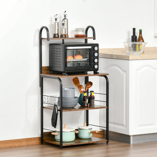 HOMCOM 4 Tier Baker Rack Microwave Stand With 4 Hooks Kitchen Storage Unit For Spices Pots And Pans Rustic Brown