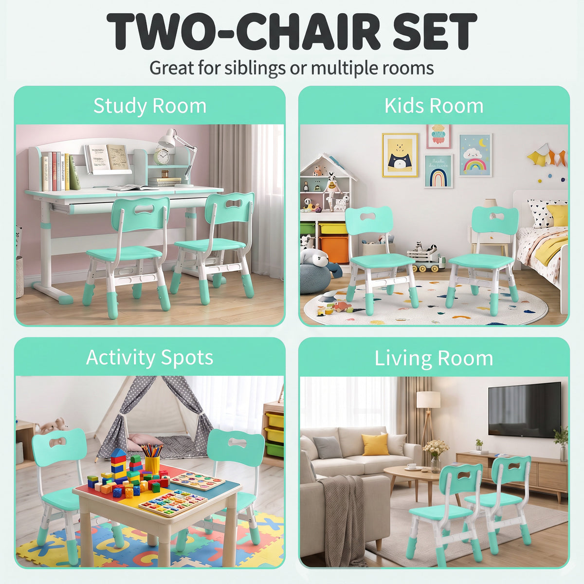 Two-chair kids set with mint backrests and seats, shown for study and play rooms