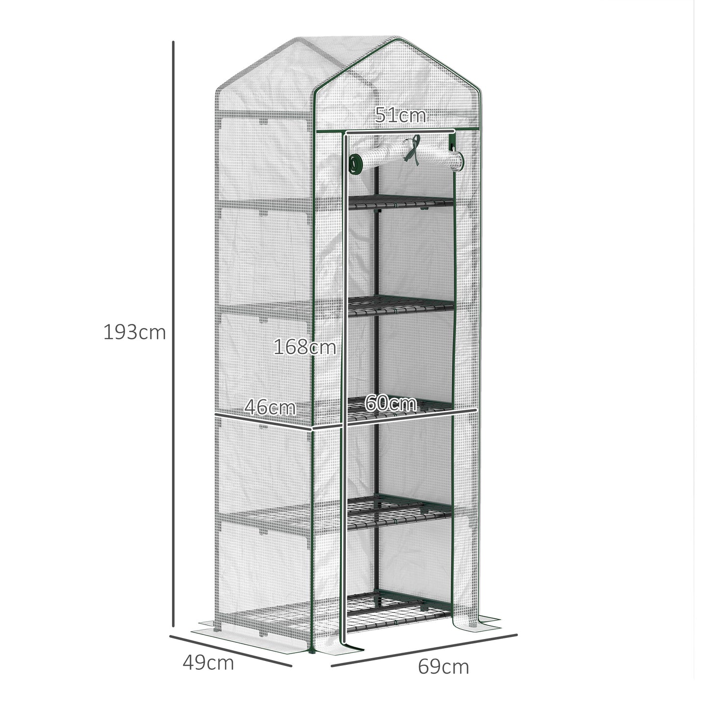 Outsunny 193cm Five Shelf Mini Greenhouse White with Roll Up Door for Small Spaces Balcony Porch