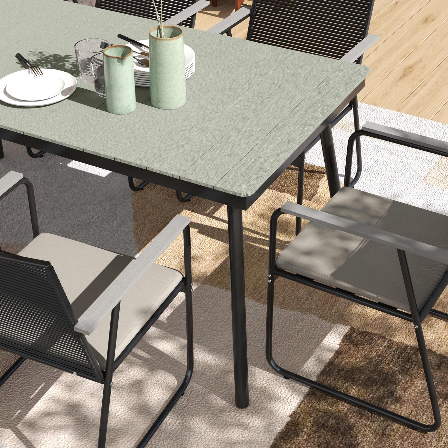 Outsunny 6 Seater Garden Dining Set With Cushions And Rattan Backrest Rectangular Table For Patio Grey
