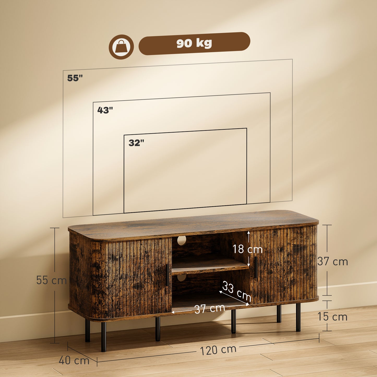 HOMCOM Rustic Brown TV Stand Cabinet For TVs Up To 55 Inches With Storage Shelves And Cupboard For Living Room
