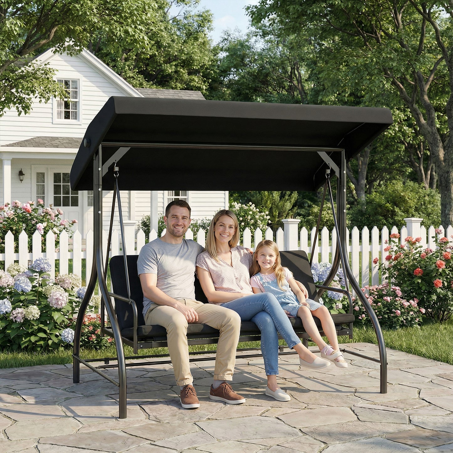 Outsunny 3 Seater Canopy Swing Chair With Adjustable Canopy And Metal Frame Black 2 In 1 Garden Swing Seat Bed
