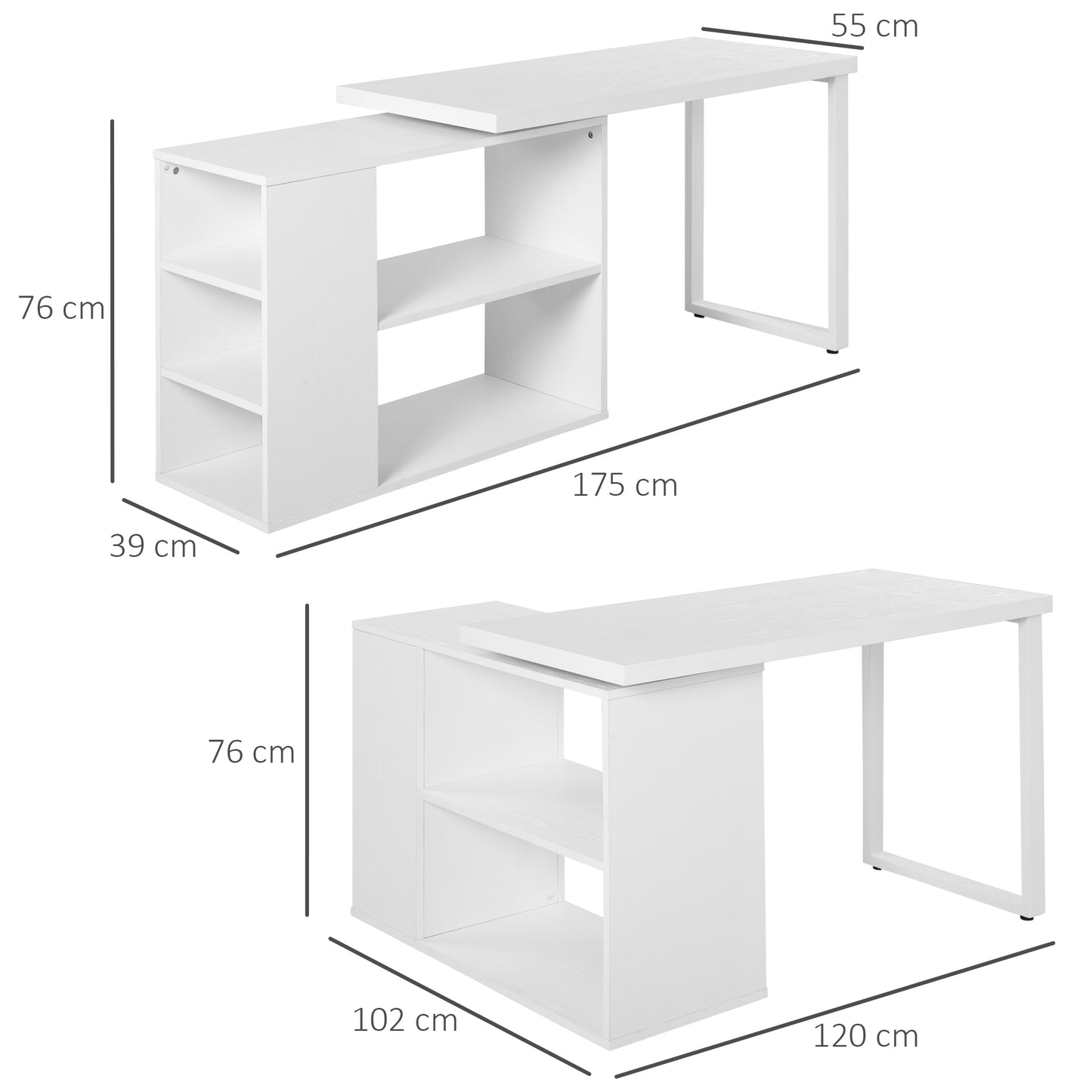 HOMCOM Adjustable L-Shaped Computer Desk with Rotating Storage and Three-Tier Bookshelf, White Finish - ALL4U RETAILER LTD