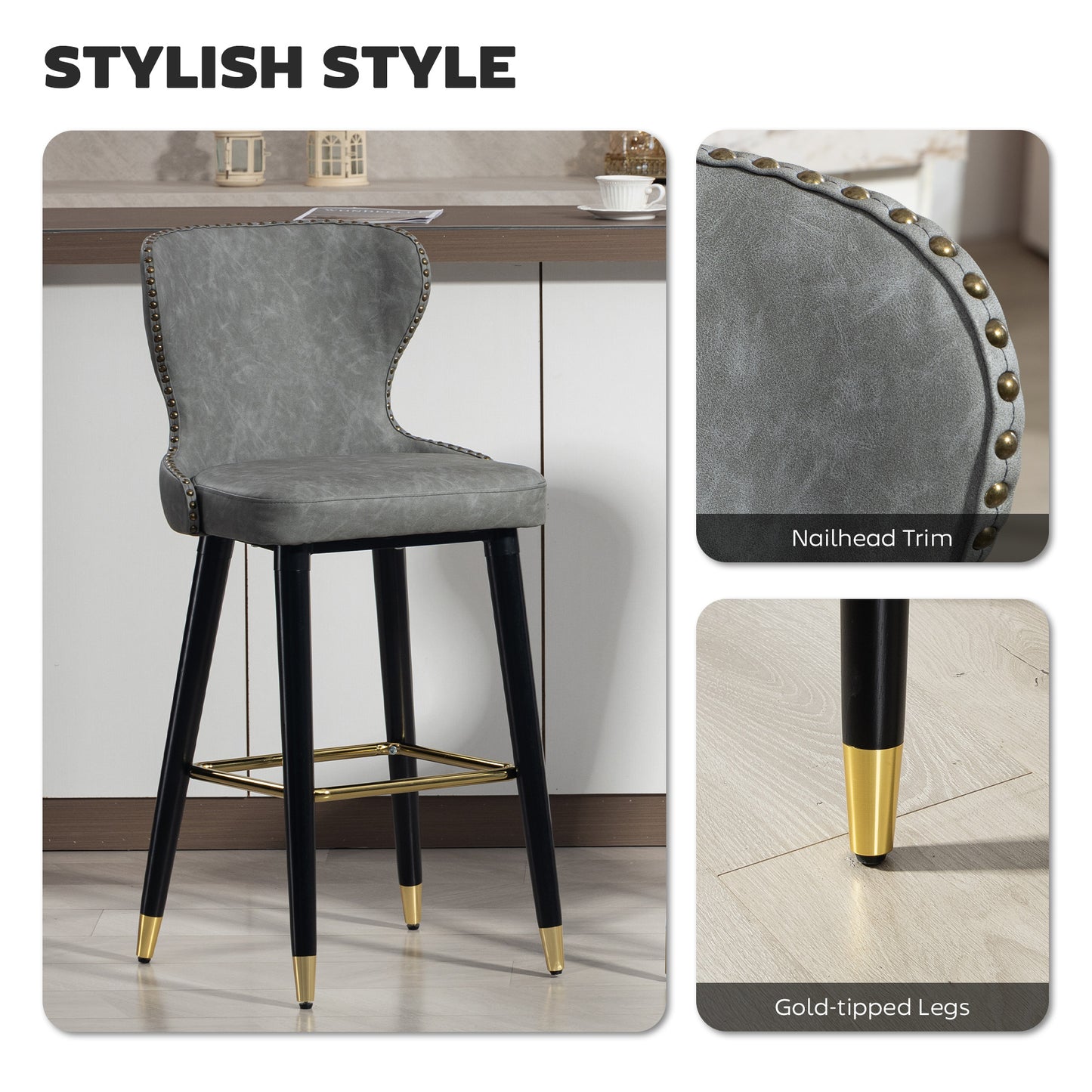 HOMCOM Bar Stools Set Of 2 PU Leather With Backrest Footrest And Wood Legs For Kitchen Counter Grey