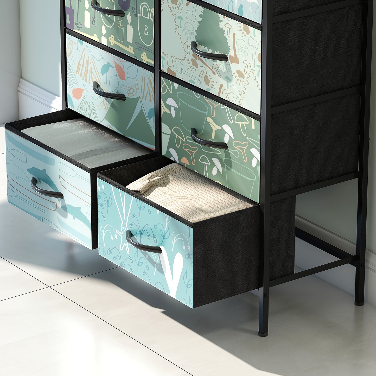 HOMCOM 8 Drawer Fabric Chest Of Drawers In Blue With Removable Foldable Drawers And Patterned Panels