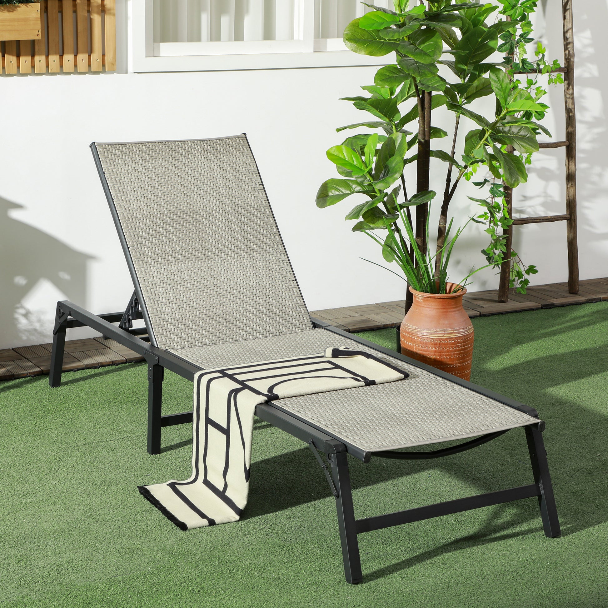 Outsunny Adjustable Foldable Rattan Sun Lounger Recliner for Outdoor Relaxation - Mixed Grey - ALL4U RETAILER LTD