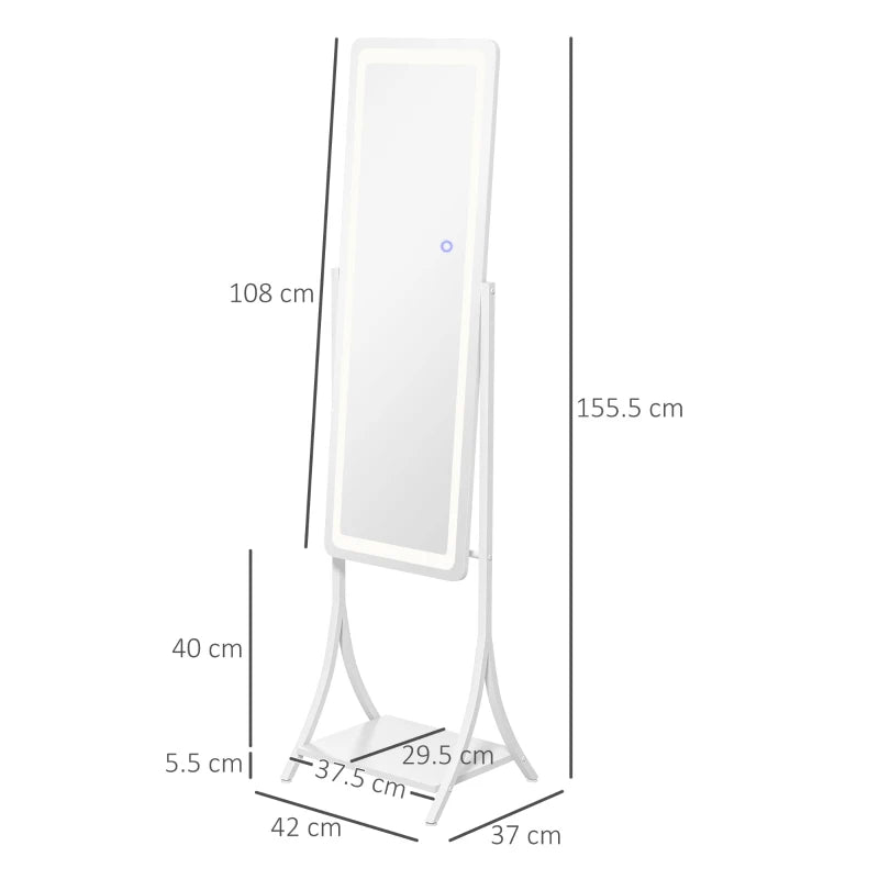 HOMCOM Free Standing Dressing Mirror with LED Lights, Full Length Mirror featuring 3 Temperature Colours and Convenient Storage Shelf - ALL4U RETAILER LTD