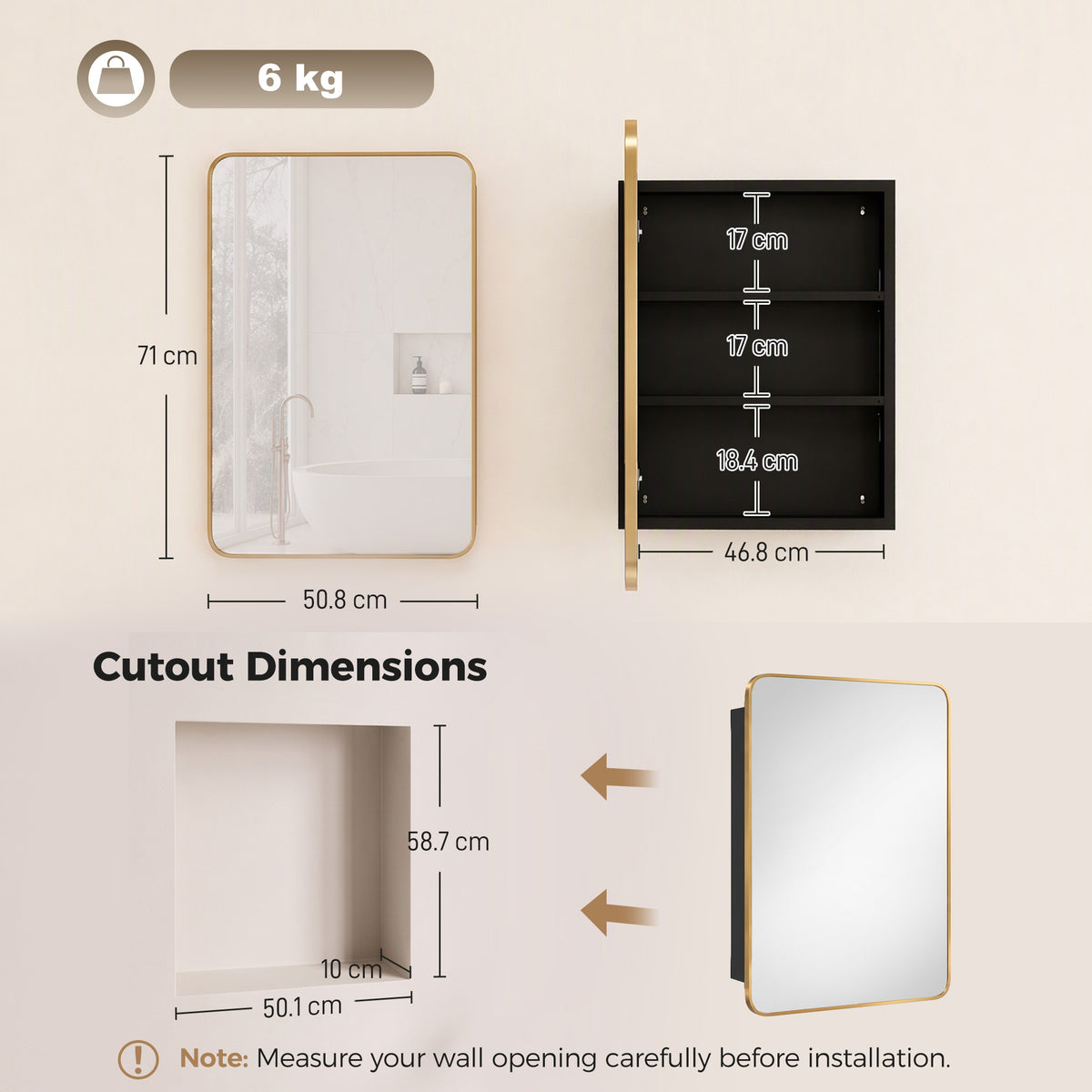Gold-framed mirror cabinet with dimension markings for installation cutout.