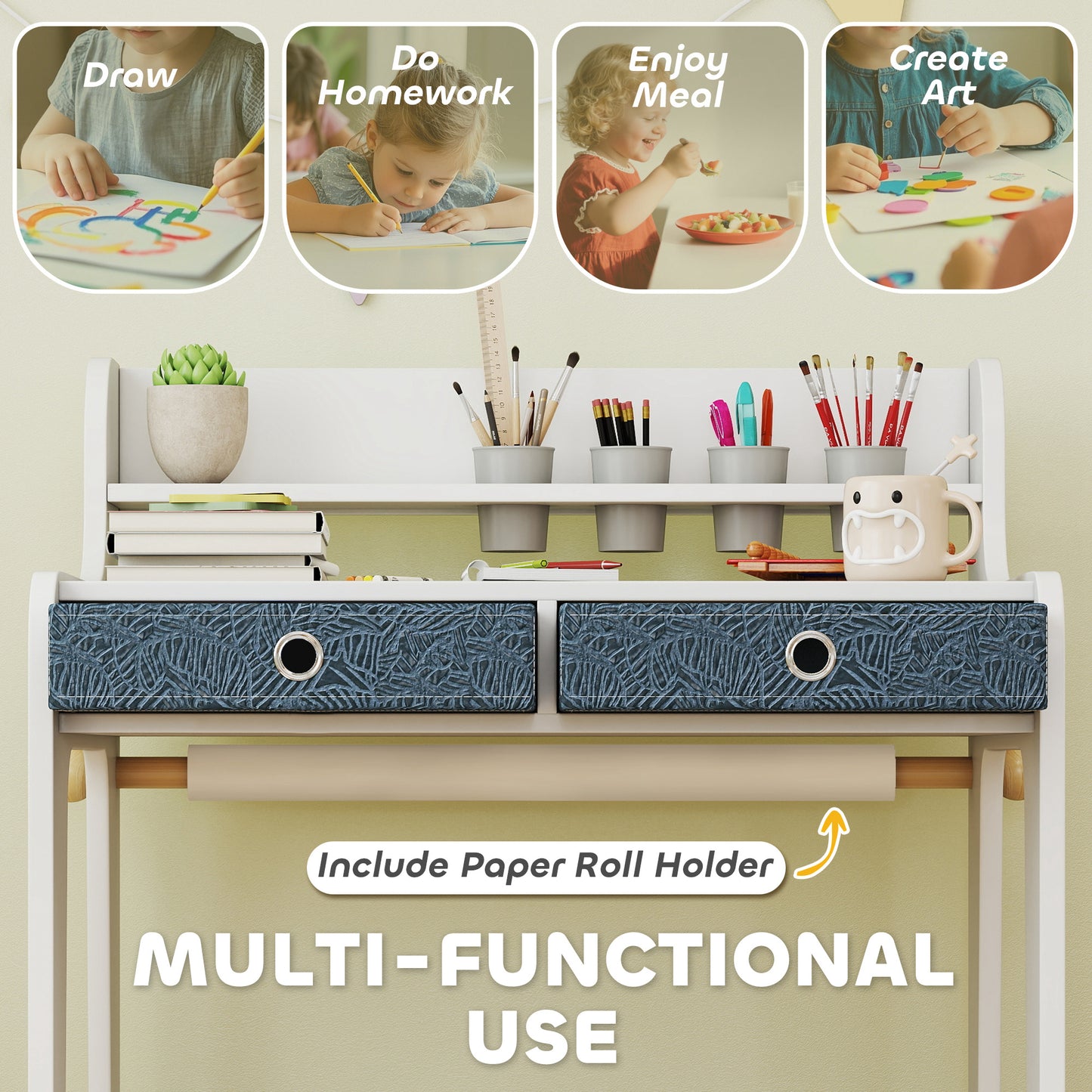 AIYAPLAY Kids Art Table and Chair Set with Storage Shelf and Drawers and Cupholders