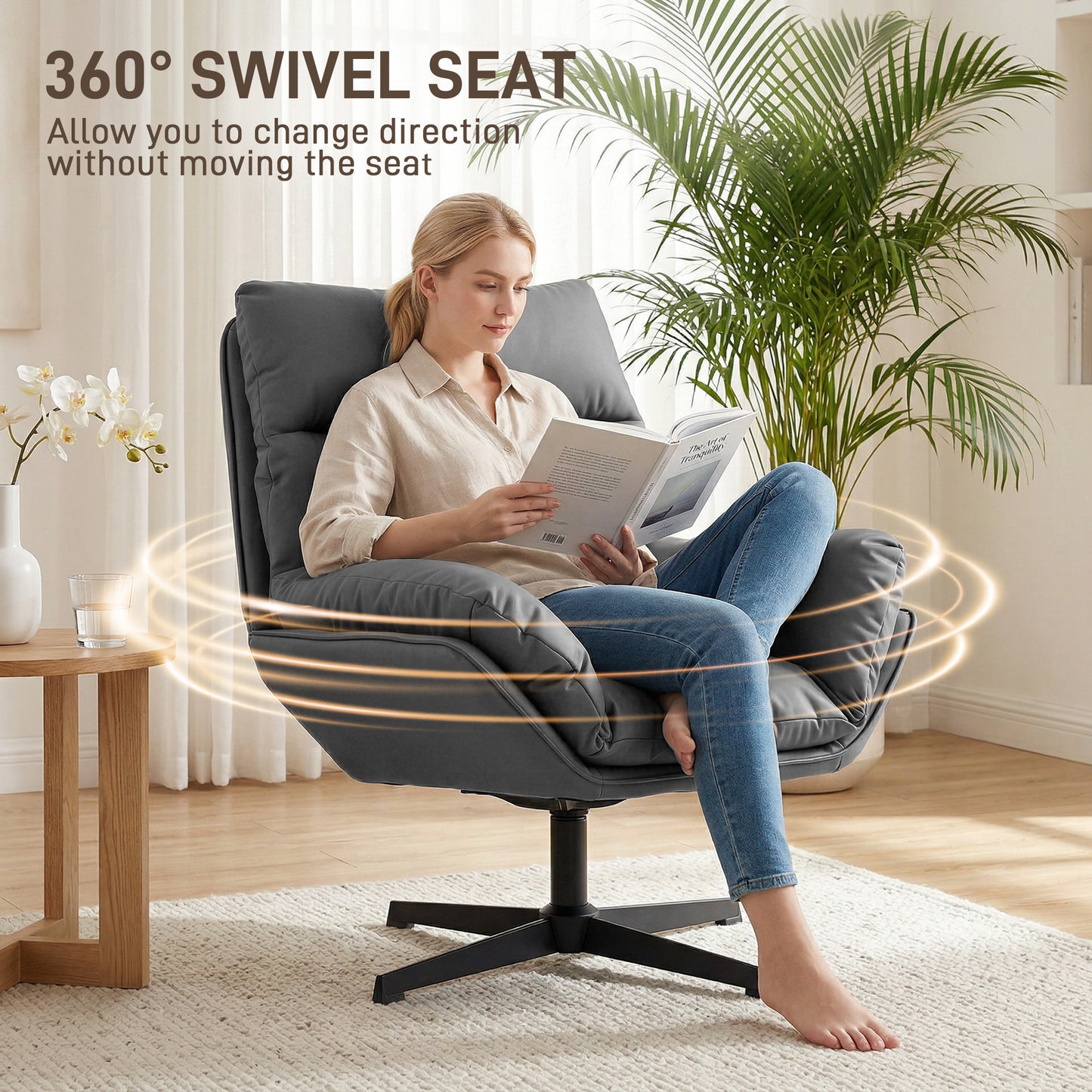 HOMCOM Accent Chair With 360 Degree Swivel Armchair For Living Room Dark Grey Cat Scratch Resistant Fabric