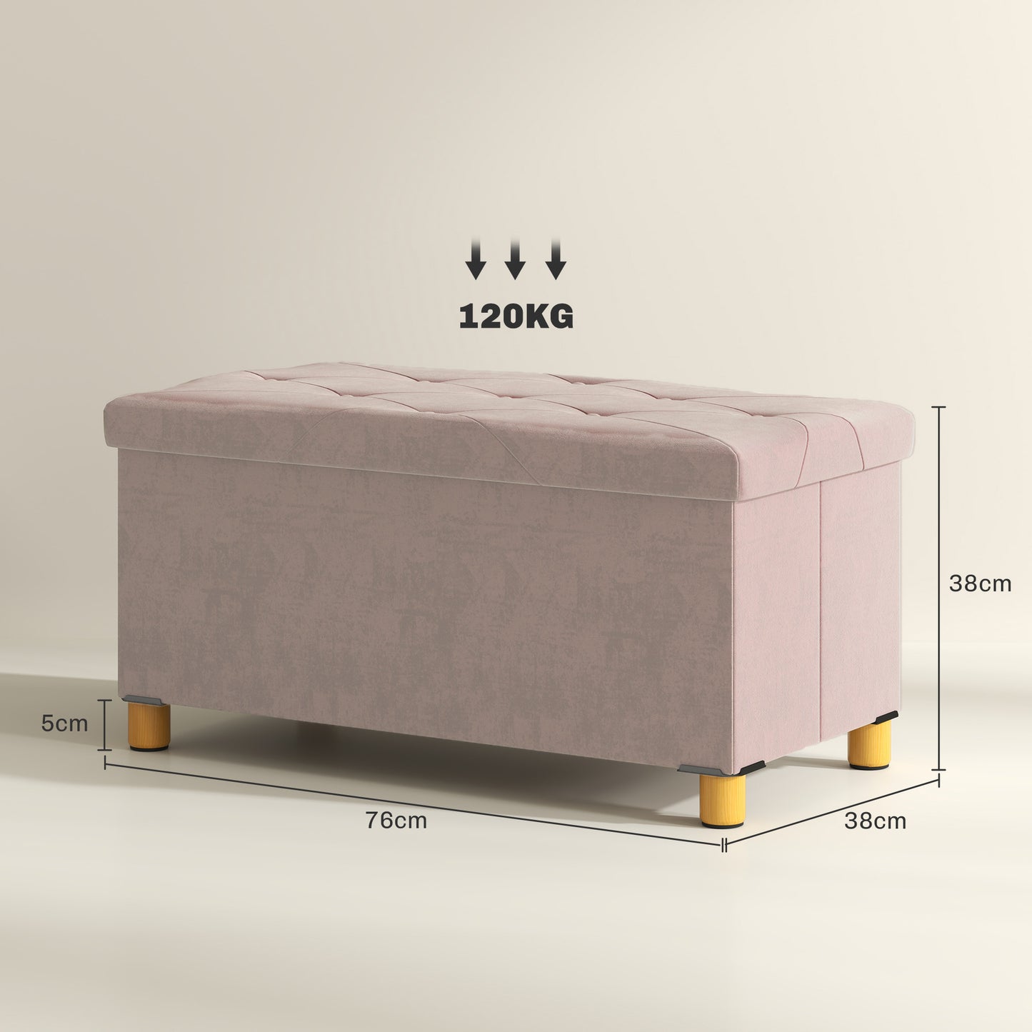 HOMCOM Velvet Upholstered Foldable Storage Ottoman Bench With Wood Legs Pink For Living Room Footrest And Seat