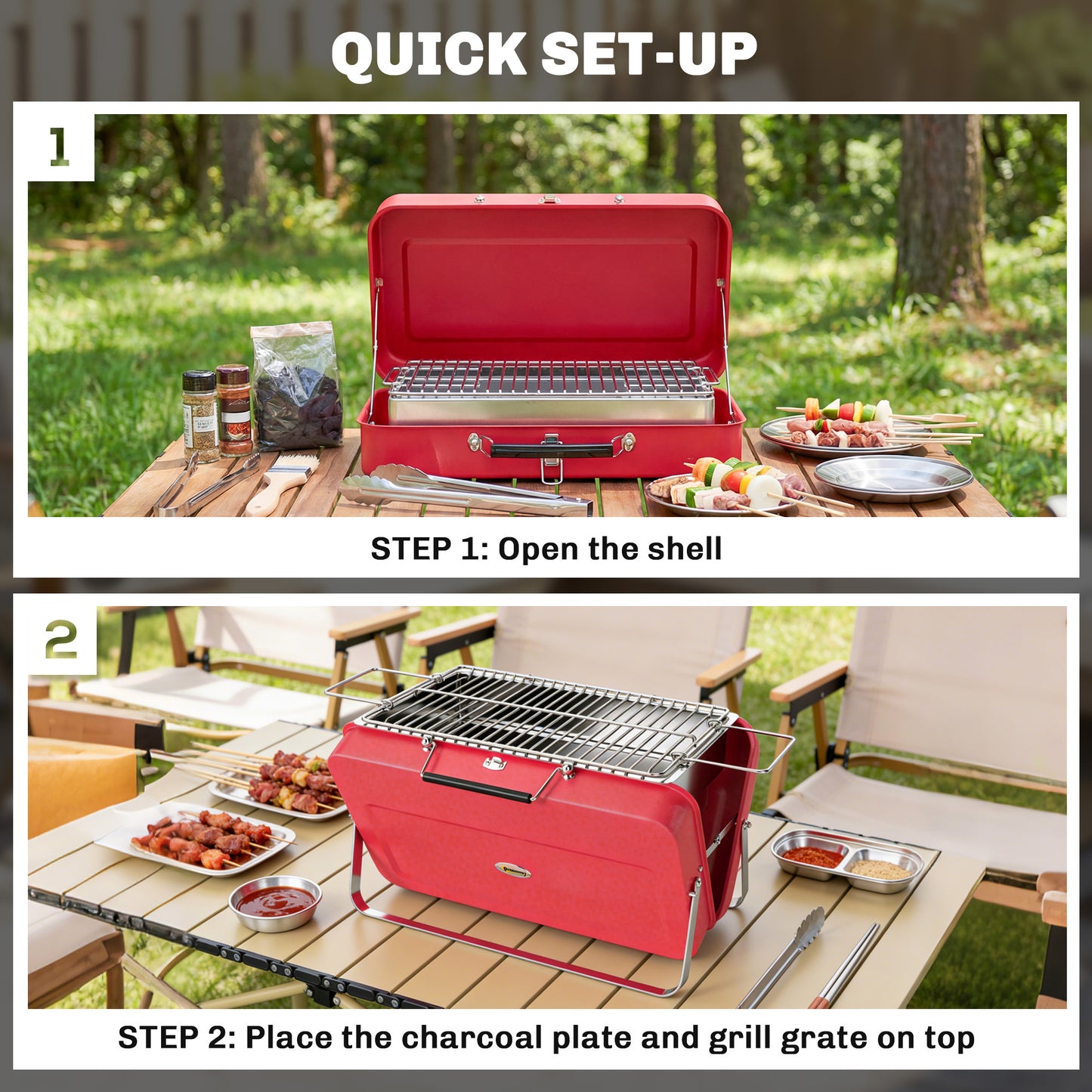 Outsunny Portable Mini Charcoal Grill With Suitcase Shell Folding Tabletop Outdoor BBQ Red