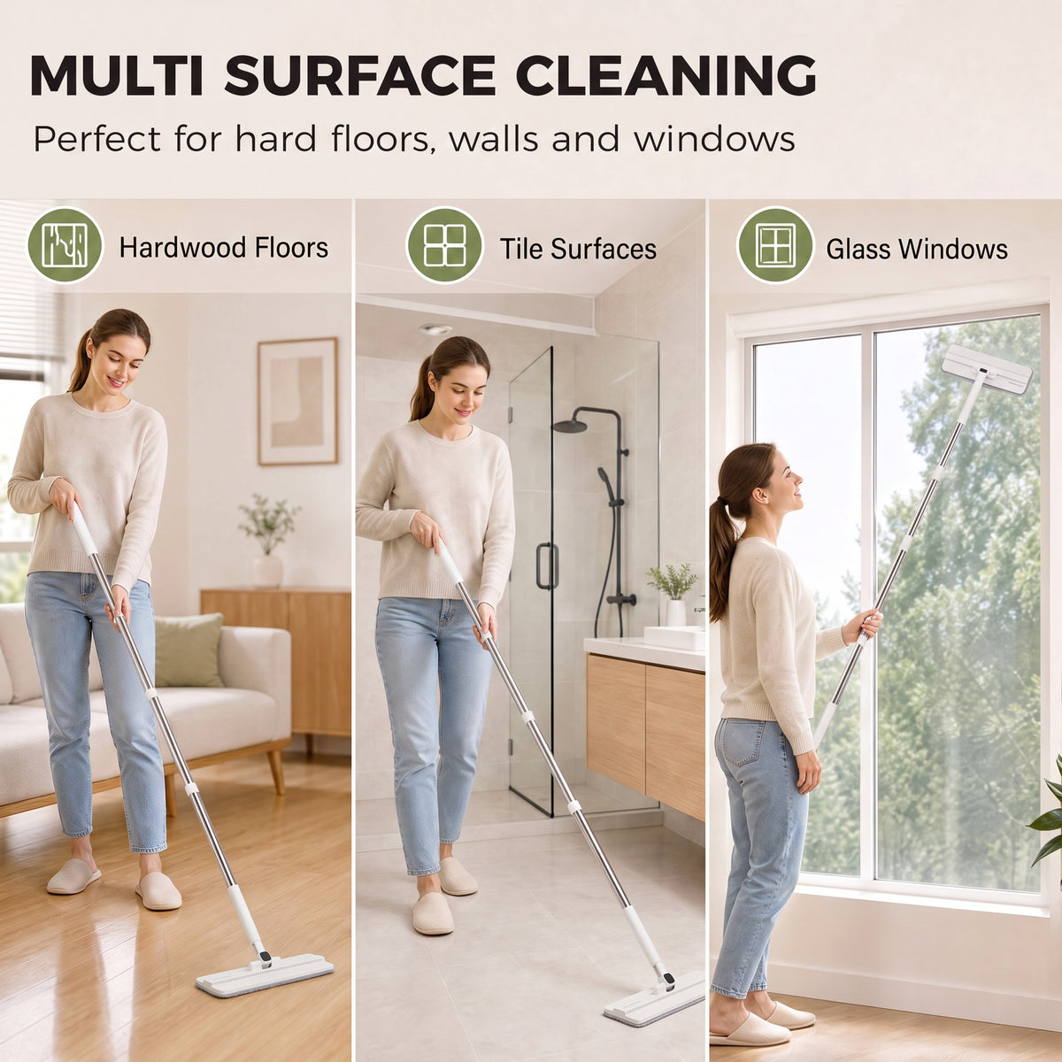 Flat mop and bucket set with microfiber pad for cleaning hard floors and windows.