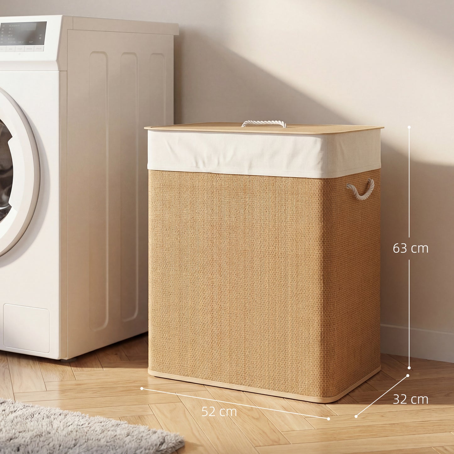 HOMCOM Double Laundry Basket With Lid 100L Bamboo Hamper With Rope Handles Removable Liner For Bathroom Bedroom Brown